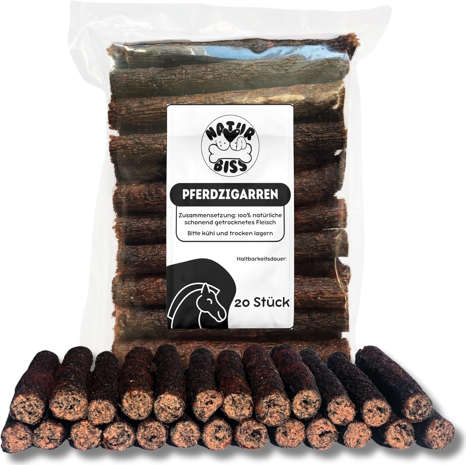 Naturbiss Hundezigarren aus Pferd - 20 Stück (12 cm) - Hypoallergen & Getreidefrei Zigarre - Monoprotein, 98% Muskelfleisch Rollen - luftgetrocknetes Pferdefleisch Hundesnack