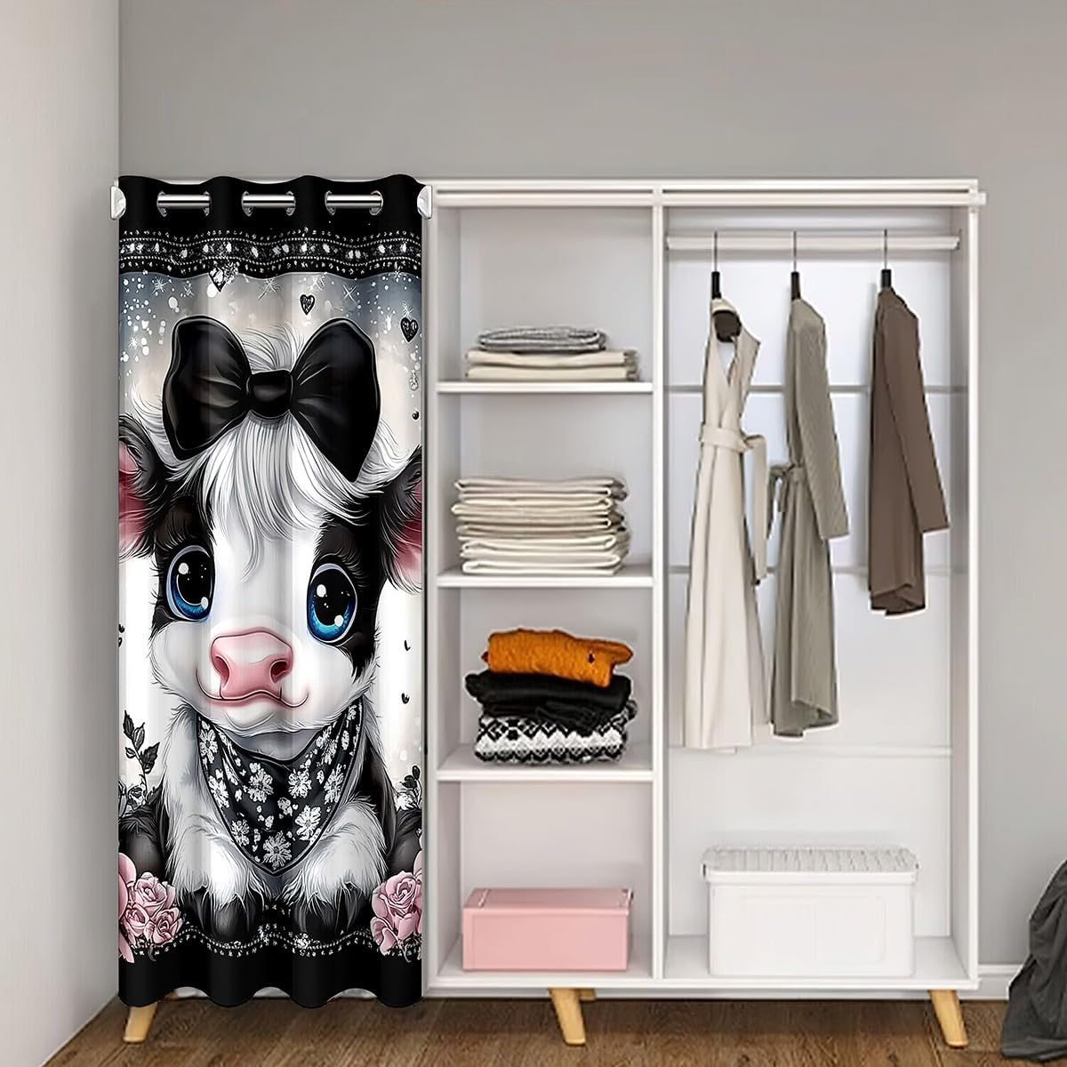 Feelyou Cute Highland Cow Doorway Curtain Privacy 1 Panel, 42"x80" Bowknot Highland Cattle Door Cover Curtain Flowers Floral Pattern 30%-50% Room Darkening Blackout Curtain Western Farmhouse Animal