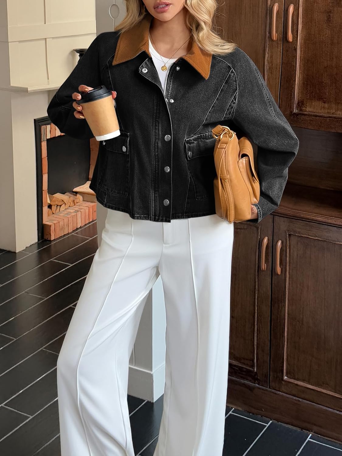 Cicy Bell Womens Cropped Denim Jacket Trendy Corduroy Collar Button Down Casual Barn Jacket for Women - Image 6