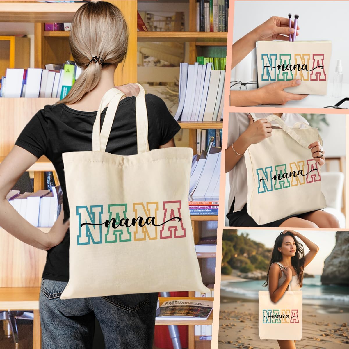2PCS Grandma Grammy Abuela Yaya Granny Nana Gifts Cosmetic Bags Canvas Tote Bag Christmas Birthday Mothers Day image 2