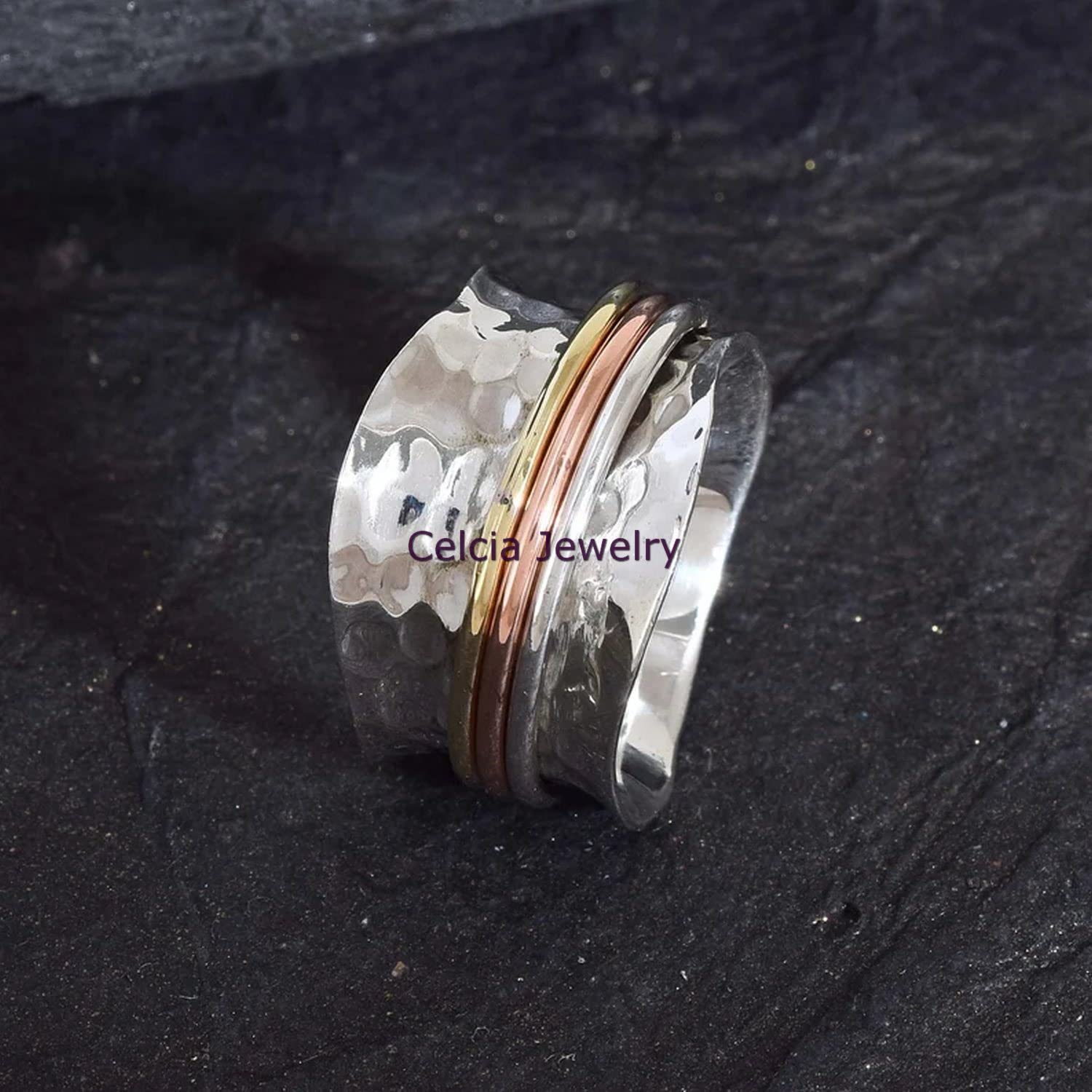 Bague tournante en argent sterling 925 martelé pour femme, bague de méditation tricolore pour elle, bague étonnante et époustouflante