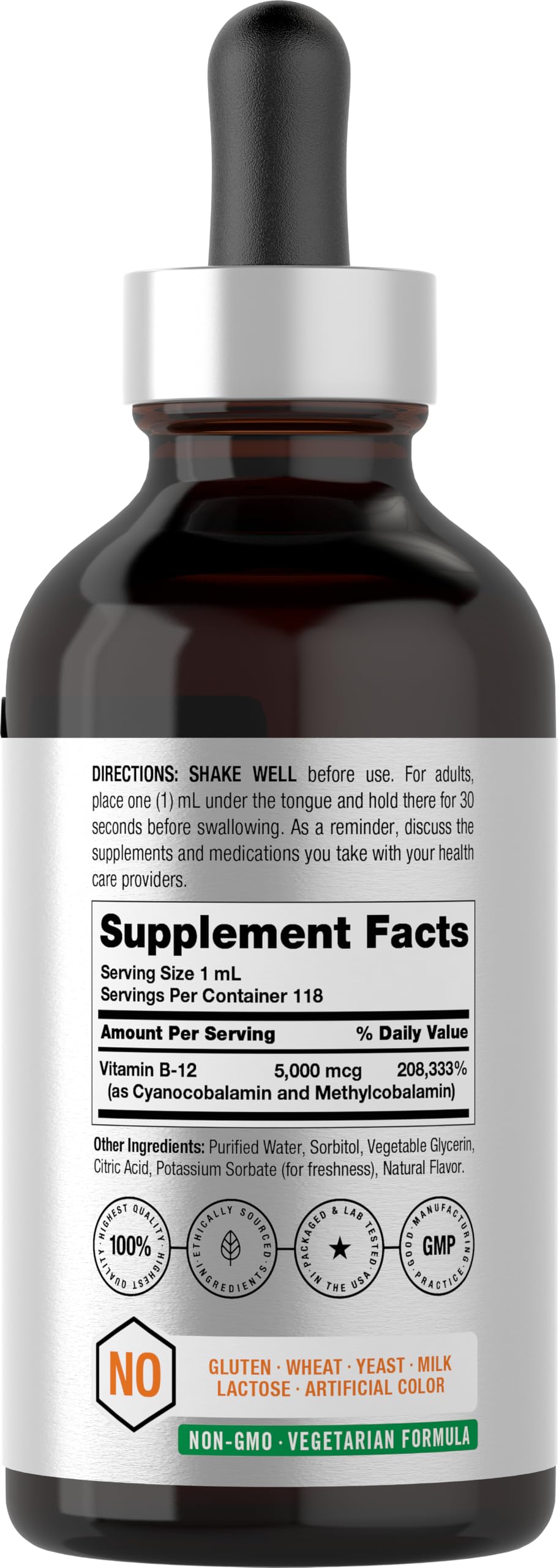 Horbaach B12 Vitamin 5000 mcg Sublingual | 4 Fl Oz | as Methylcobalamin and Cyanocobalamin | Liquid Vegetarian Drops | Berry Flavor | Non-GMO & Gluten Free Supplement — Amazon image 2