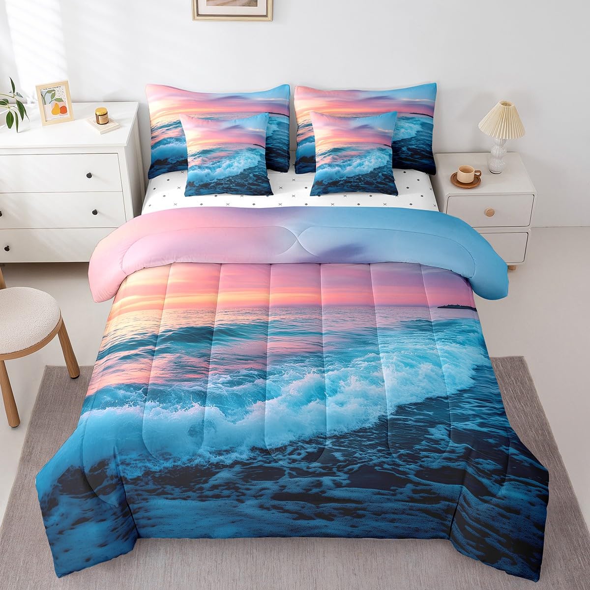 Feelyou Beach Theme Comforter Set King 7 Pcs Hawaiian Beach Ocean Kids Sea Nature Pattern Printed Bedding Set Summer Holiday Vacation Bed in a Bag