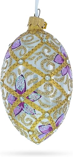Miniatura 6 de Flores moradas en pergamino dorado huevo de cristal adorno de Navidad 4 pulgadas