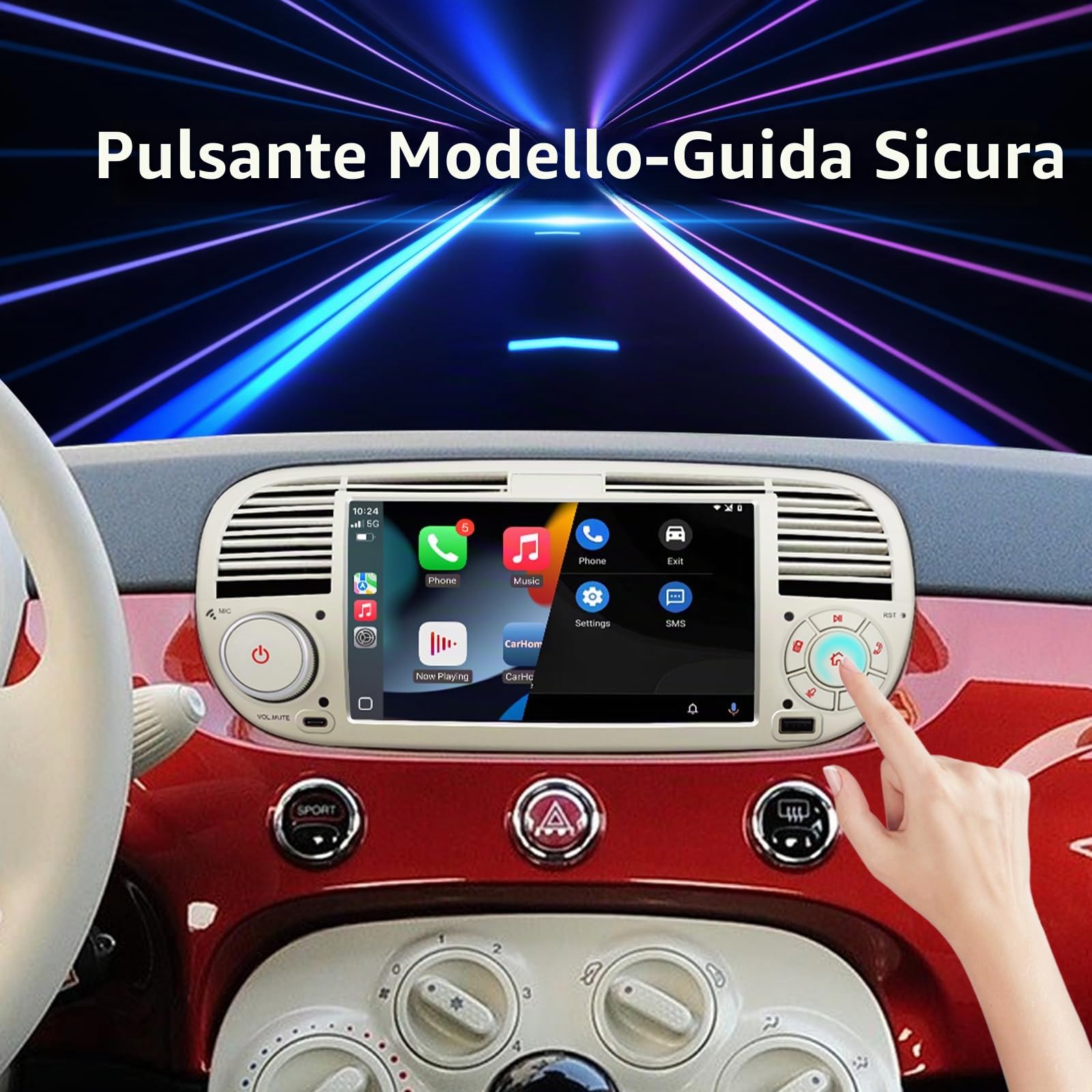Autoradio per FIAT 500 radio con schermo touchscreen USB Bluetooth FM/AM Linux Sistema doppio din stereo auto con Carplay wireless/Android Auto bianco