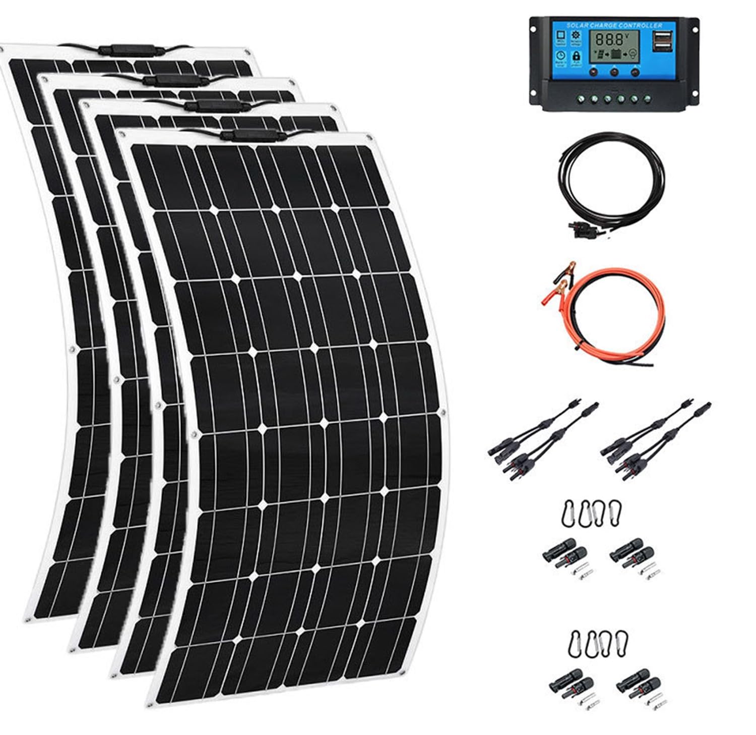 BLUEZY Kit Sistema Pannelli Solari Flessibili 100W 200W 300W 400W Modulo Fotovoltaico con Regolatore Carica 40A, Pannello Solare Monocristallino per Marino,Camper, Campeggio, Barca, Auto 3Pcs