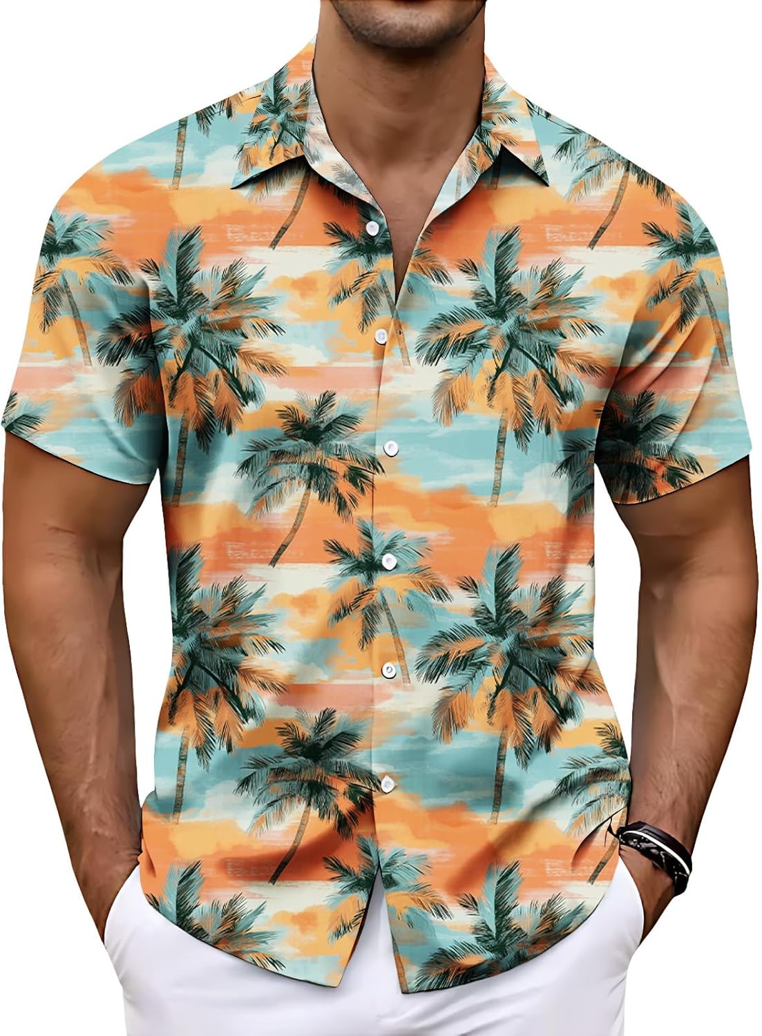 Mens Short Sleeve Button Down Shirt Feather Print Lightweight Casual Summer Beach Vacation Top Classic Loose Fit