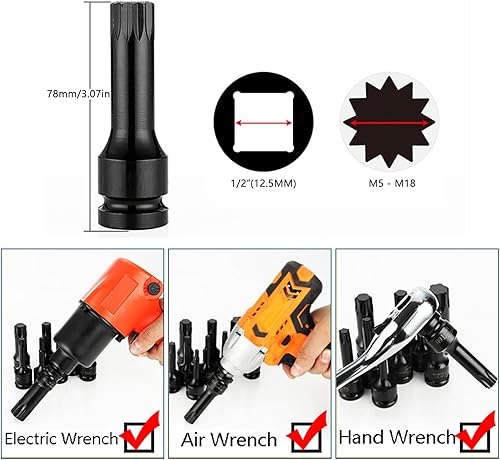 Miniatura 5 de Juego de 10 piezas de 38 pulgadas M5 M6 M7 M8 M10 M12 M14 M16 M17 M18 Torx Star Driver Bit Set Drive Torx Bit Socket Set con estuche, Cr-Mo