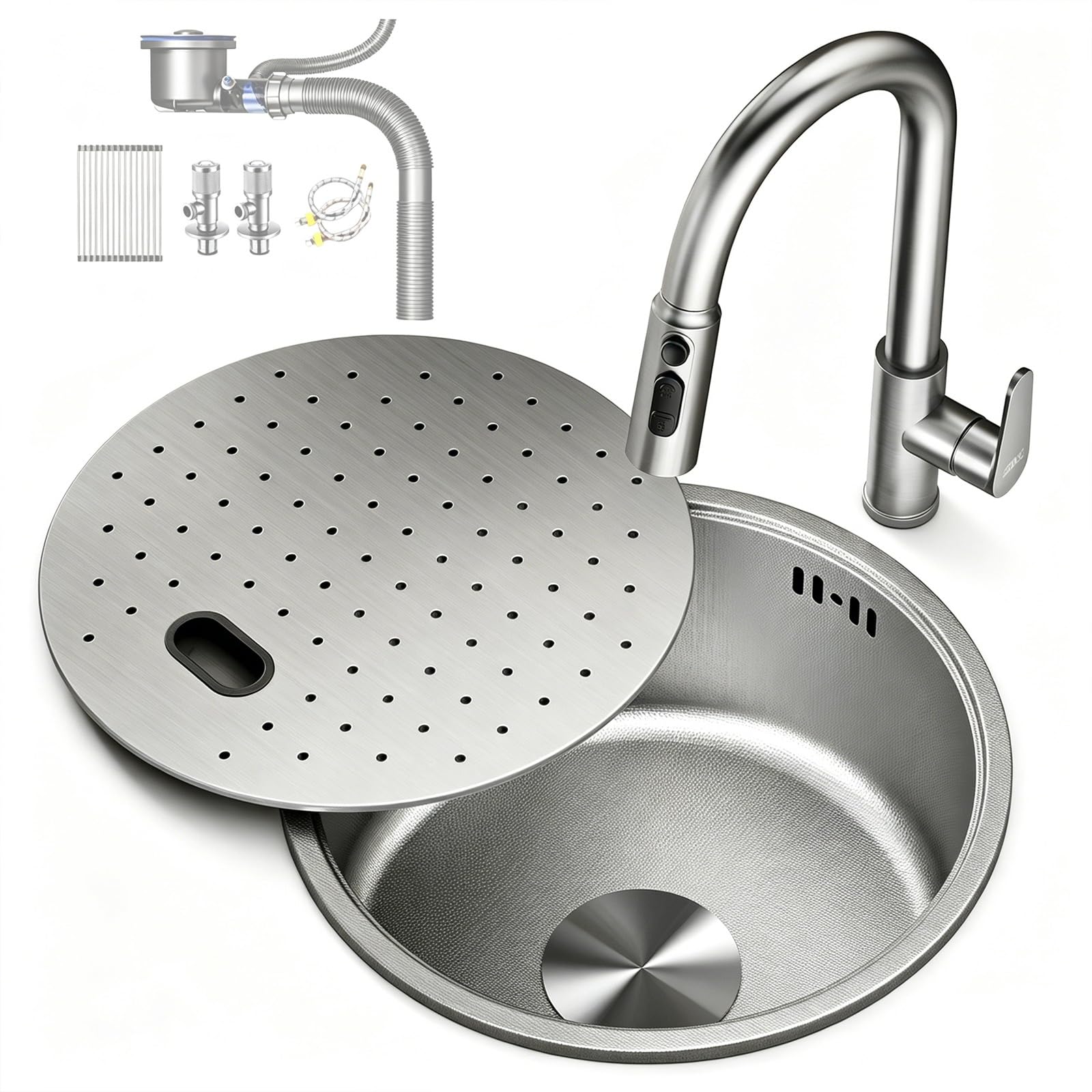Combo de fregadero de cocina RV con grifo, acero inoxidable, cubierta oculta y montaje de drenaje para caravana, barco, furgoneta, 40 cm