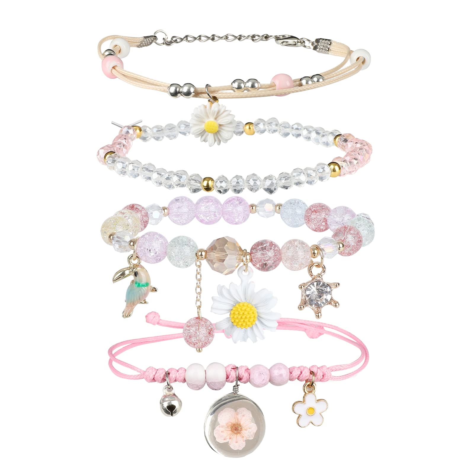 ZYLLGLOW 4 Pcs Beaded Cute Bracelets For Teen Girls Women Hand Made Adjustable Charm Bracelets Set Anklets Gifts For Friends