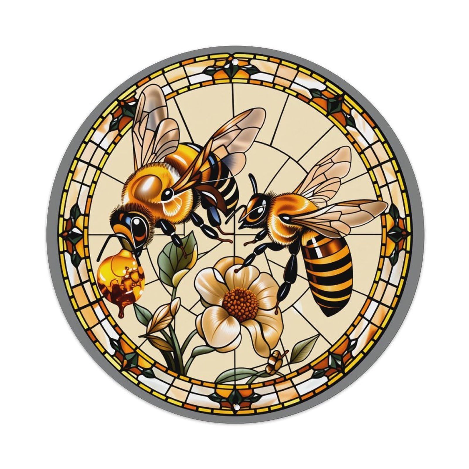 Bee And Flower Stained Glass Pattern Design Metal Tin Sign Plaque