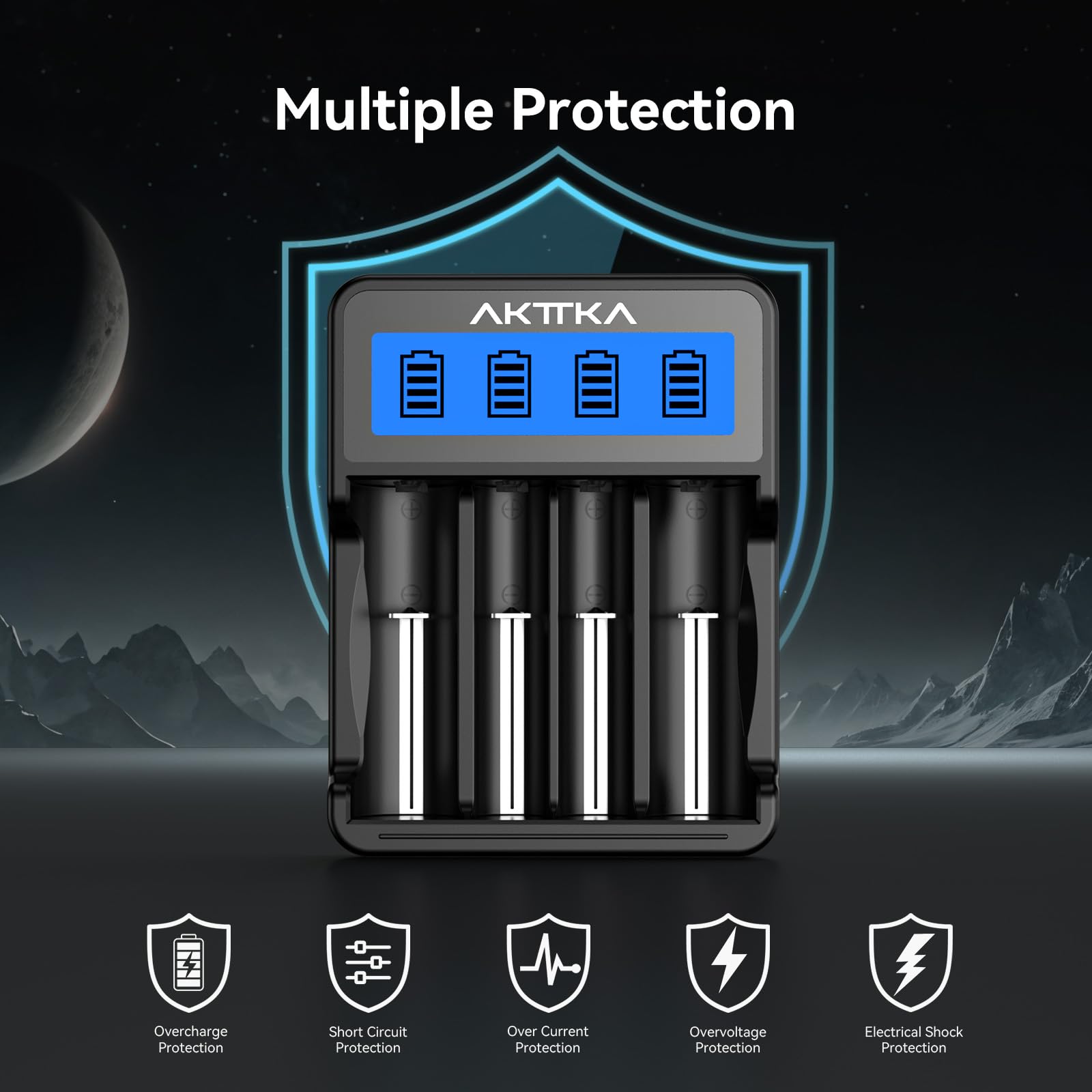 AKTTKA Cargador de Baterías 18650 Inteligente de 4 Bahías Indicador LCD Entrada Type-C/Micro-USB Compatible con Baterías Li-Ion de 3,7V (18650/21700) y Baterías NiMH de 1,2V (AA/AAA/C) Recargables — view 5