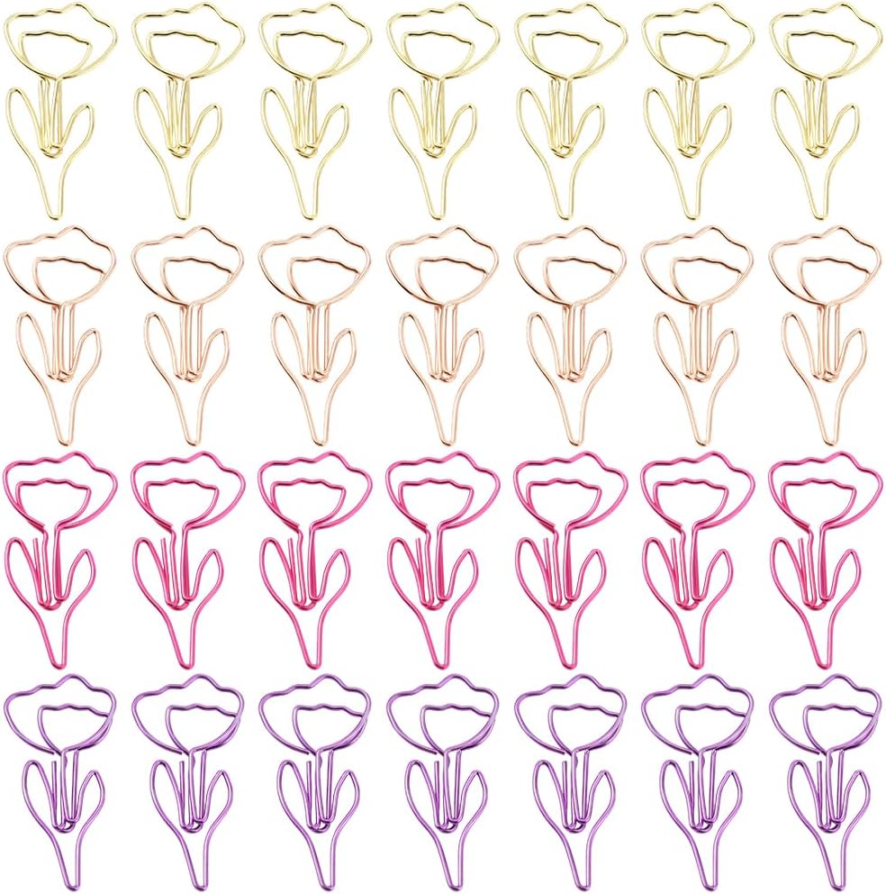 1 Box 60Pcs 4 Colors Flower Shaped Paper Clip Cute Paperclip Mini Small Colorful Cute Iron Metal Funny Floral Rose Bookmark Planner Clips Bulk for Office Desk Organizers Wedding Invitations