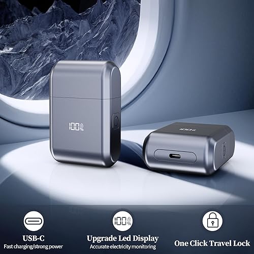Miniatura 6 de Mini afeitadora eléctrica de aluminio para hombres, maquinilla de afeitar eléctrica portátil de viaje para cara, IPX7 impermeable, recargable USB-C,