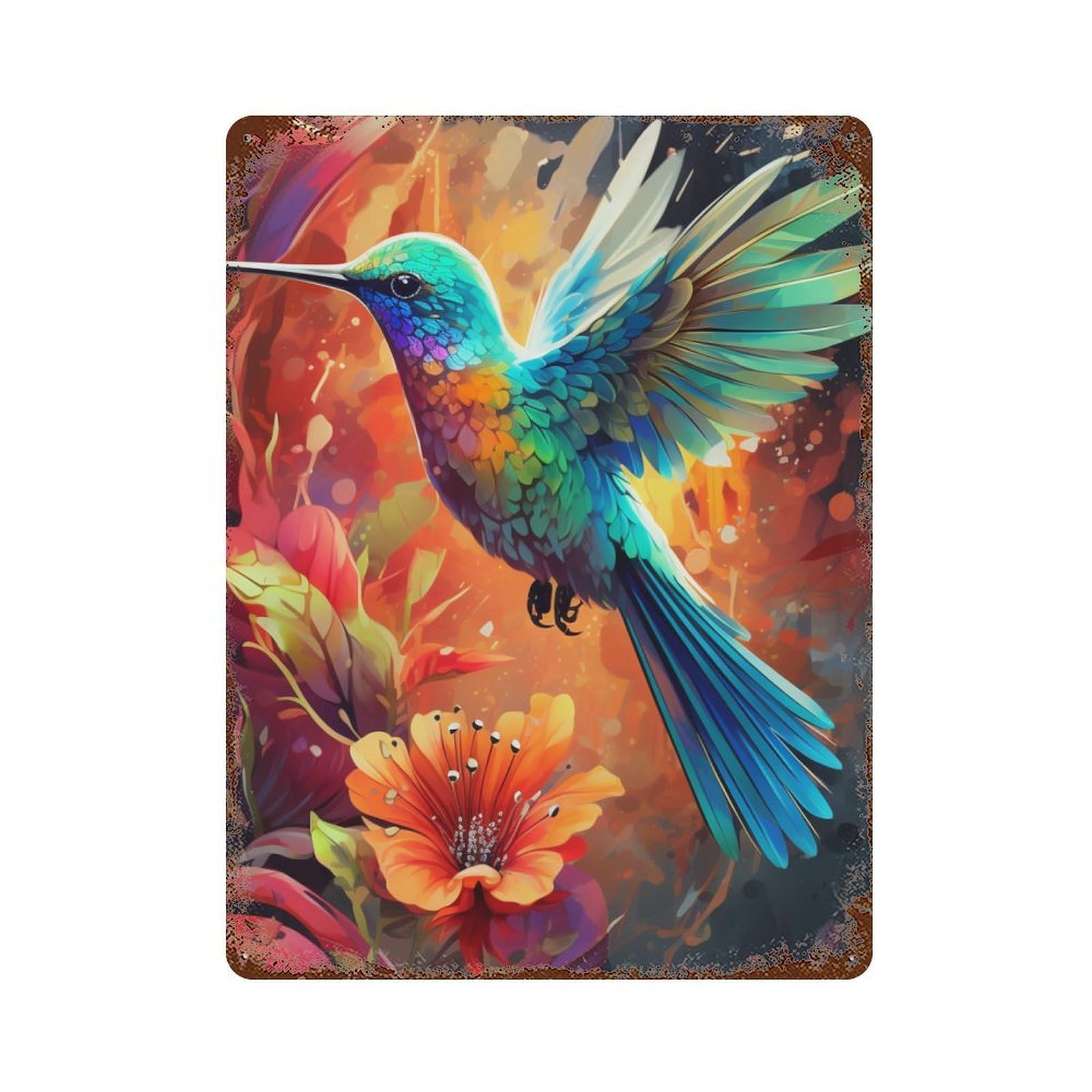 Colorful Hummingbird Painting Weathered Tin Sign 15.7"x11.8", Rustic Home Decor for Garage, Bar And Workshop Decor