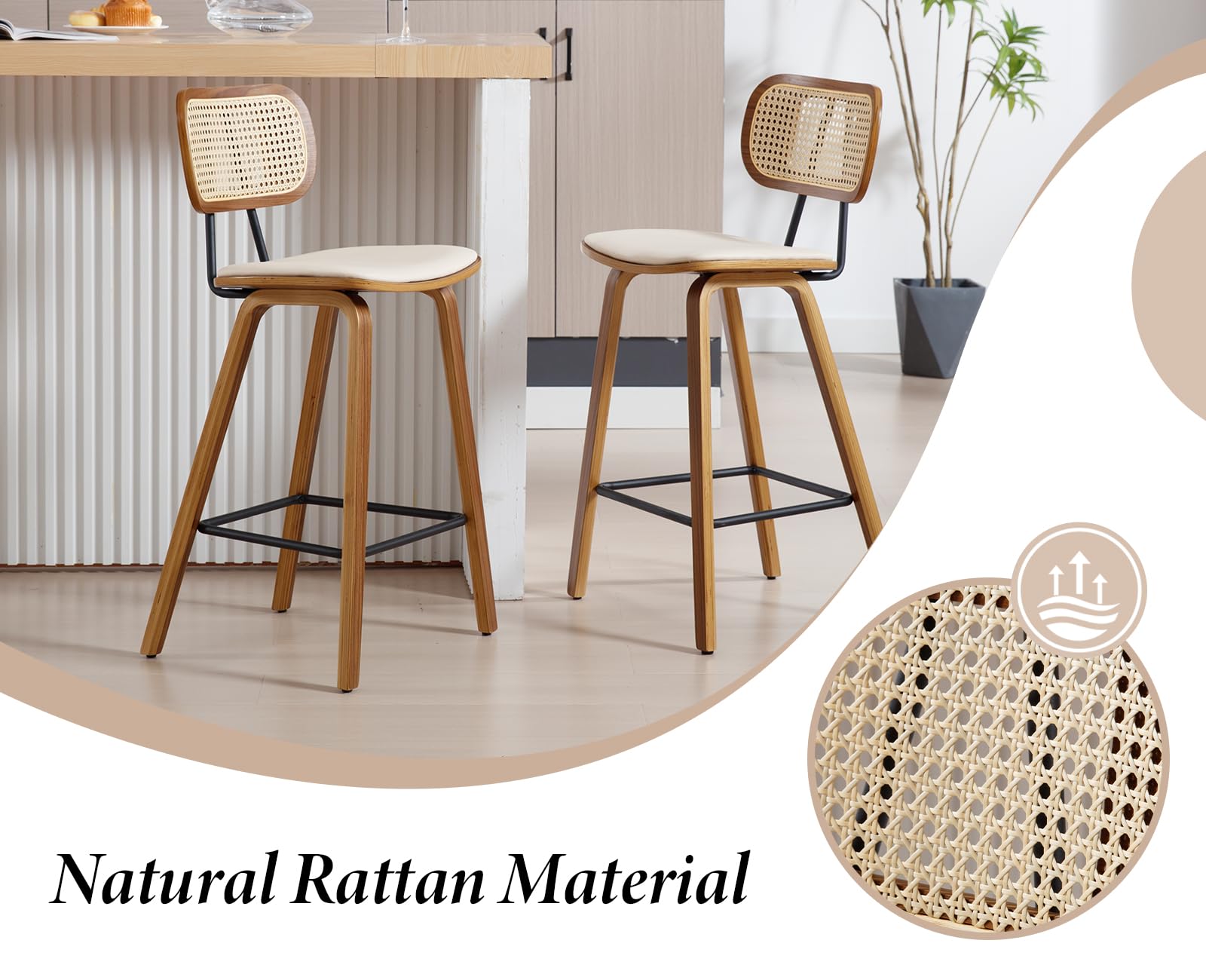 Ya-Home Juego de 2 Taburetes Altos de Cocina Modernos con Respaldo Rattán,Taburetes de Bar Tapizando en Cojín de PU, Sillas Altas de Mostrador con Patas de Madera para Hogar/Restaurante