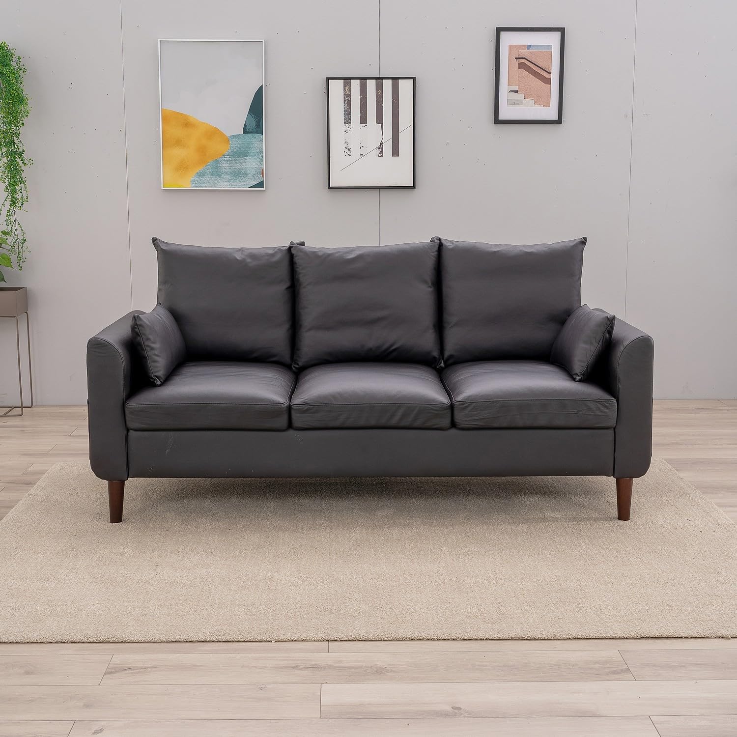 Panana 3 Seater Sofa Lounger Couch with Storage Pocket Armrests Wood Legs Cushion Back Couch, Modern Design(Black Faux Leather, 3 Seater)