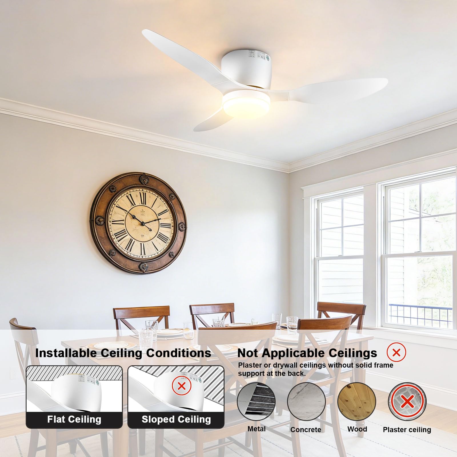 Ventilador de Techo Moderno Blanco con luz, silencioso, Regulable, LED, para Dormitorio, Comedor y Sala de Estar, Control Remoto Inteligente/App/Voz, 6 velocidades.