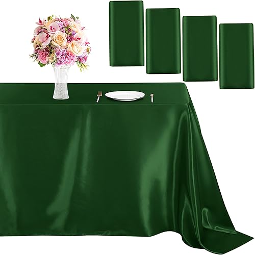 MCEAST 4 manteles de satén verde oscuro de 102 x 58 pulgadas, mantel rectangular de seda brillante para fiestas, bodas, decoración de mesa de