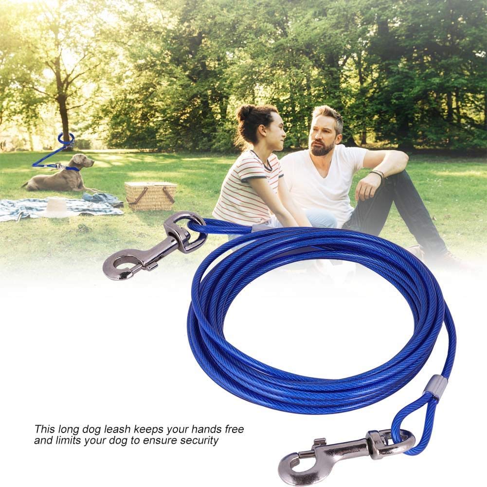 Dog Chain Extendable for Pets Long Steel Wire Dog Rope with Double Clips, Chew Resistant Tie Out for Picnic, Camping, Outdoor Use Secure Animal Safety with Durable Cord (Blue)