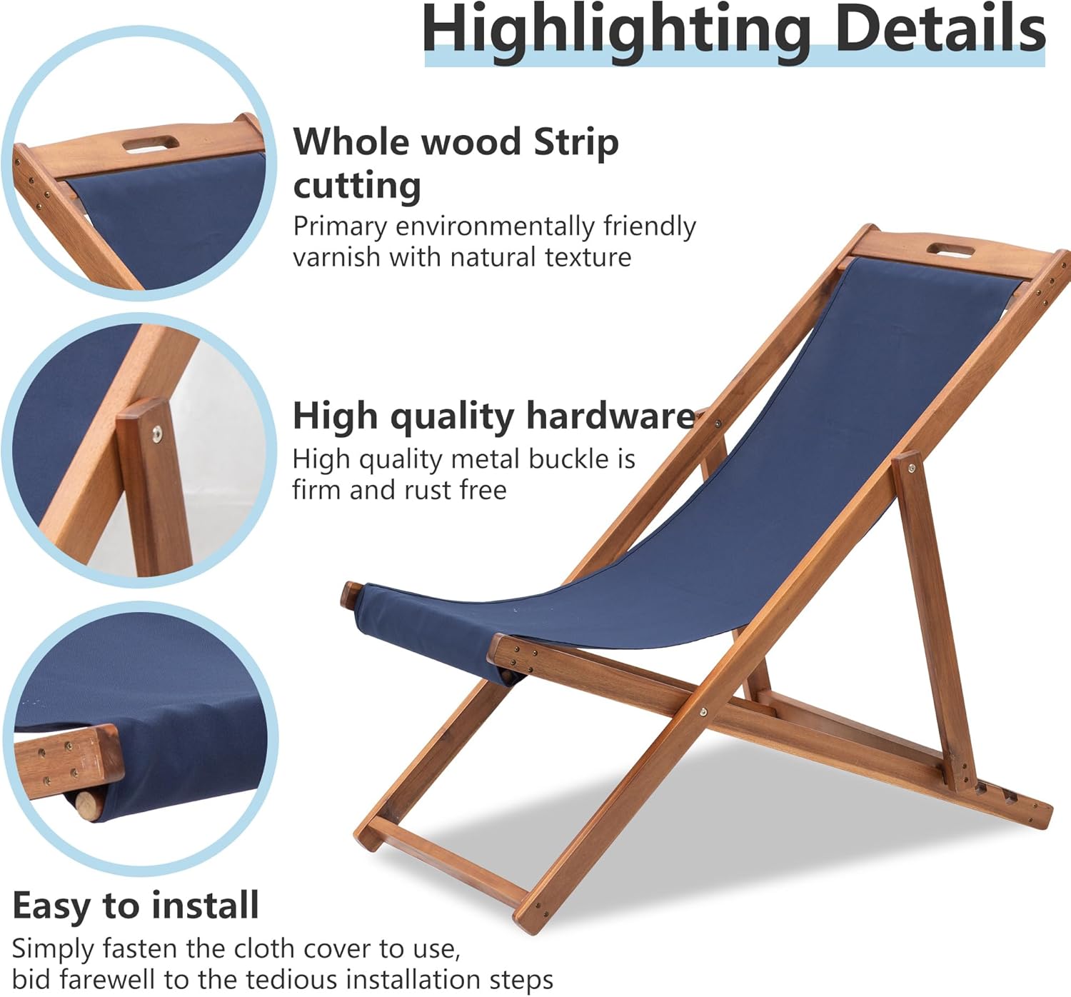 2 Set Outdoor Wooden Patio Lounge Chair Beach Sling Chair Level 3 Height Adjustable Portable Reclining Beach Chair Solid Wood Frame Polyester Canvas (Blue)