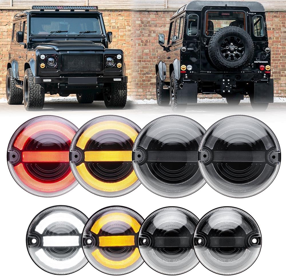 8pcs LED Indicator Light Tail Light Land Rover Defender 90 110 130 1995-2016 NAS Style LED Turn Signal Light & Parking Light with Relay 95mm 4*Yellow 2*White 2*Red LED Light Clear Lens