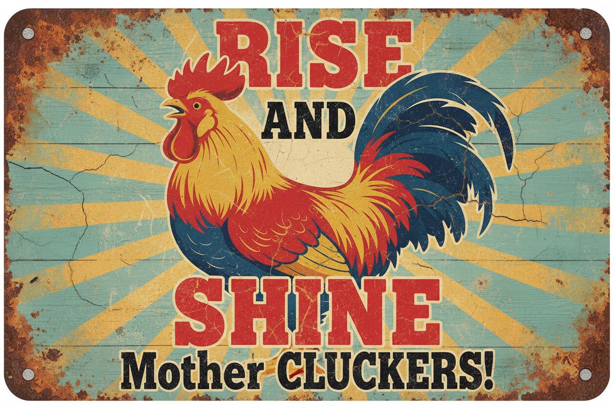 Funny Chicken Sign - Rise And Shine Mother Cluckers Vintage Metal Signs Farm Country Home Decor 12" X 8" Aluminum Plates Printed