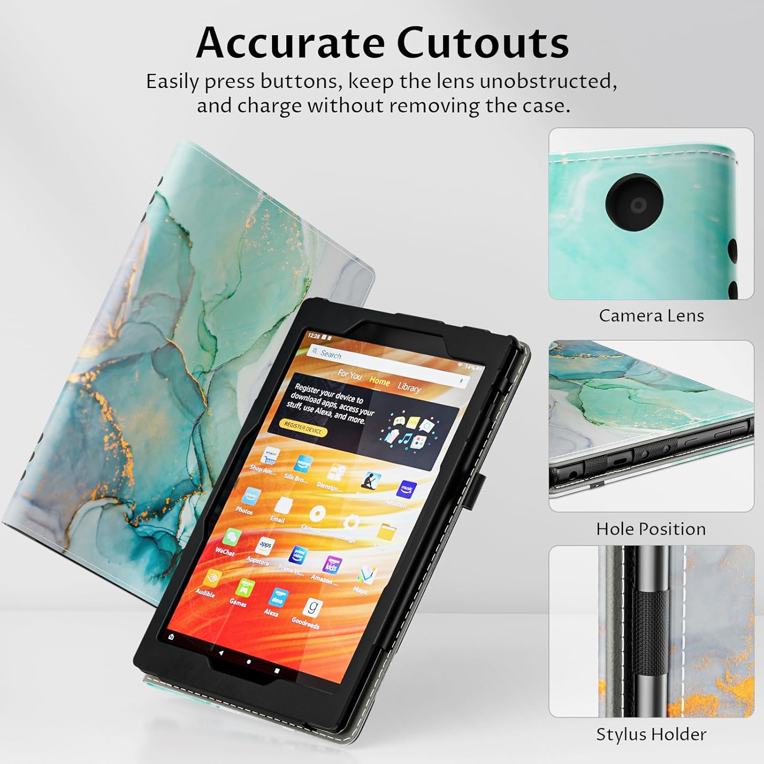 VORI Case for All-New Amazon Kindle Fire HD 10 Tablet (13th/11th Generation 2023/2021 Release) and Fire HD 10 Plus - Slim Folding Stand Folio Cover with Auto Wake/Sleep & Hand Strap, Emerald Marble