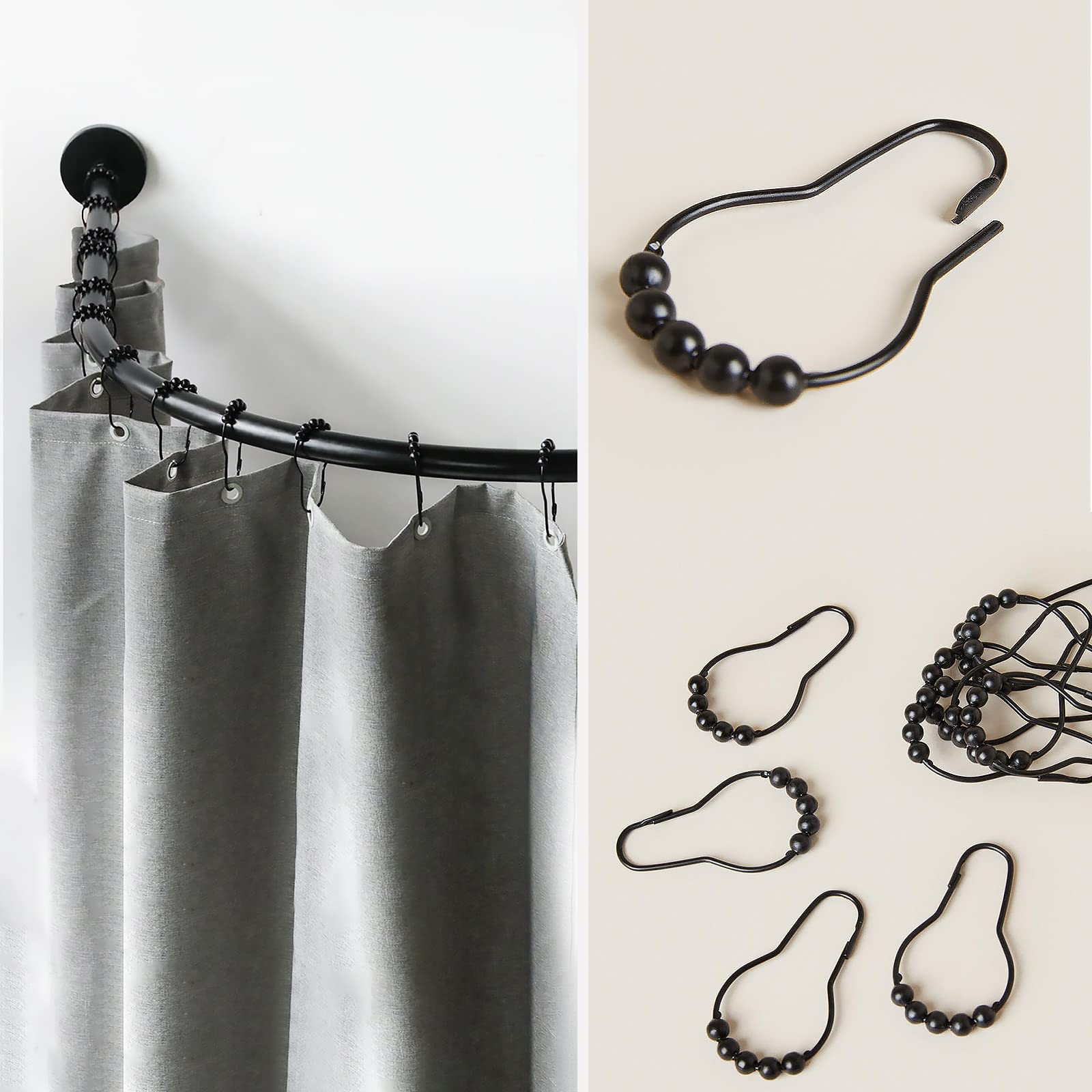 AIMEKE - 40 Anneaux De Rideau De Douche Noirs Métalliques - Glissement Fluide, Pour Tringles Jusqu'à 36mm