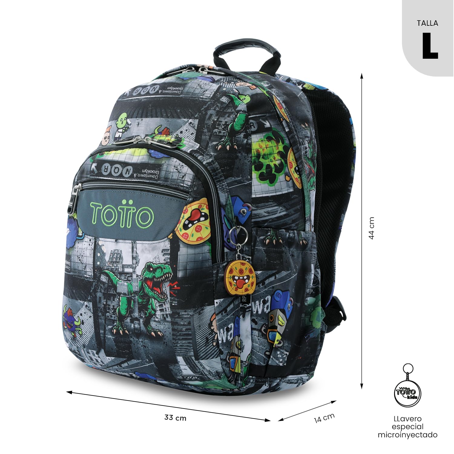 TOTTO - Mochila Escolar Adaptable a Carro, Modelo Acuareles Glitter, Capacidad 20L, Bolsillo para Pc 14", 2 Bolsillo Botella, Espaldar Ergonómico con Flujo de Aire, Correas en S, Estampado Rolly Negro