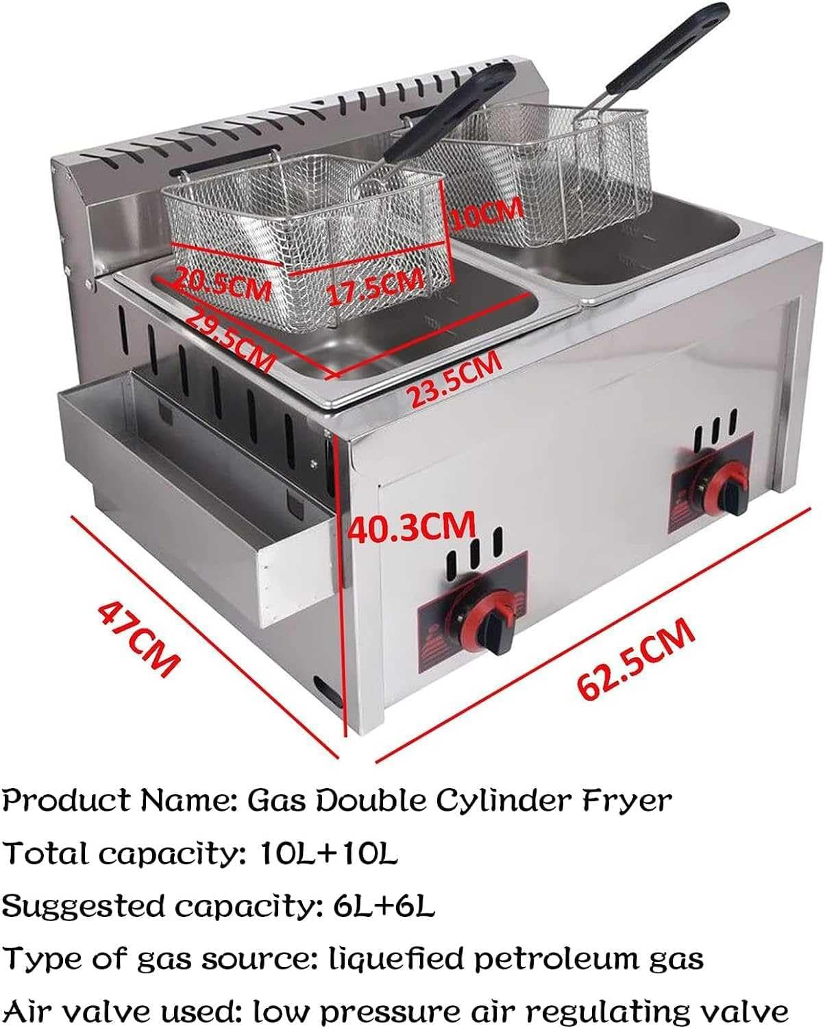 Friggitrice a gas, grande capacità, in acciaio inox, potenza di fuoco regolabile, ideale per patatine, ciambelle, pesce, facile da pulire, include cestini e coperchi