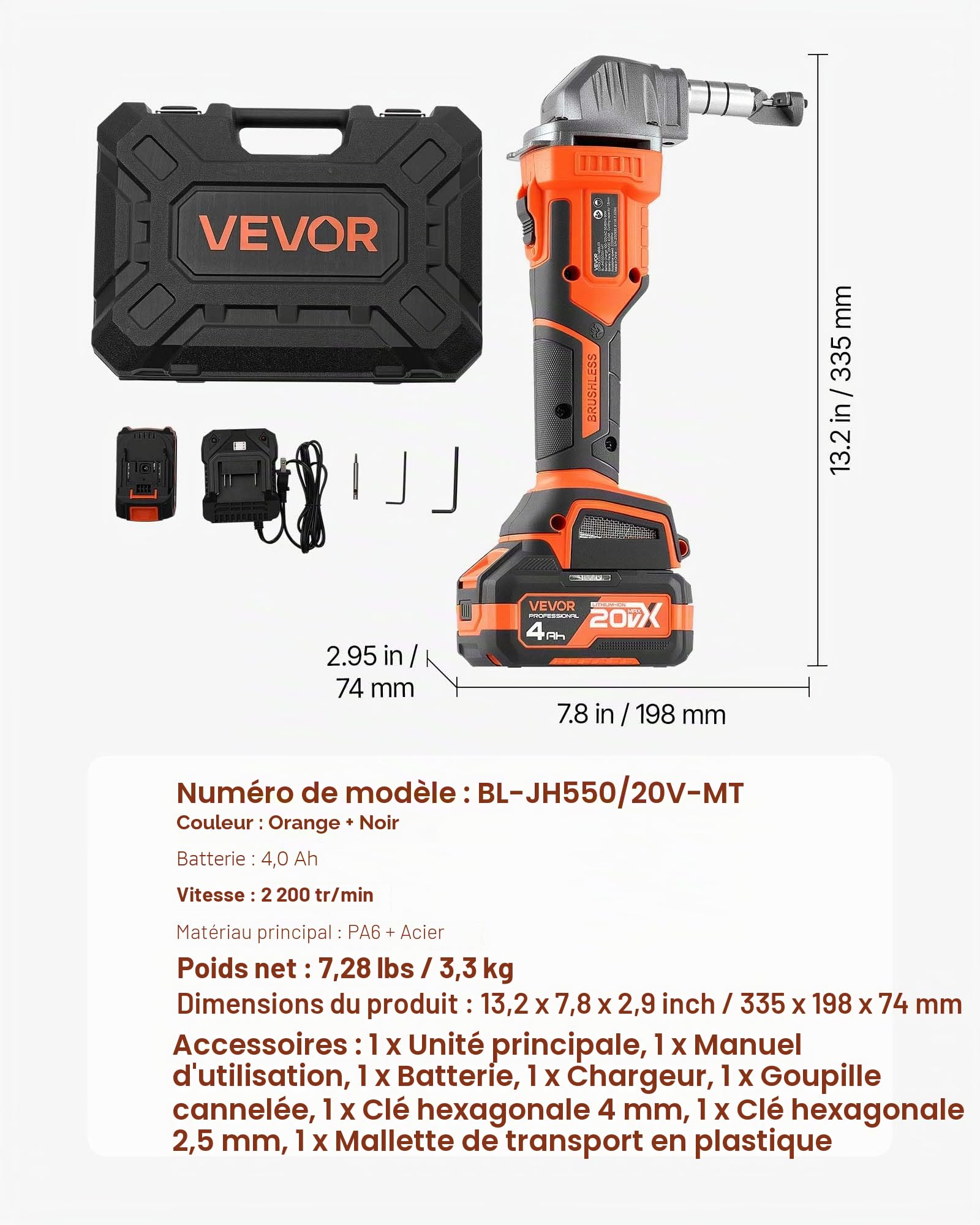 VEVOR Grignoteuse Électrique sans Fil, Cisaille Grignoteuse à Tôle avec Batterie 20 V 4000 mAh, Moteur sans Balais Performant 2200 tr/min, Outil Coupe Métaux Électrique avec Mallette, pour Atelier