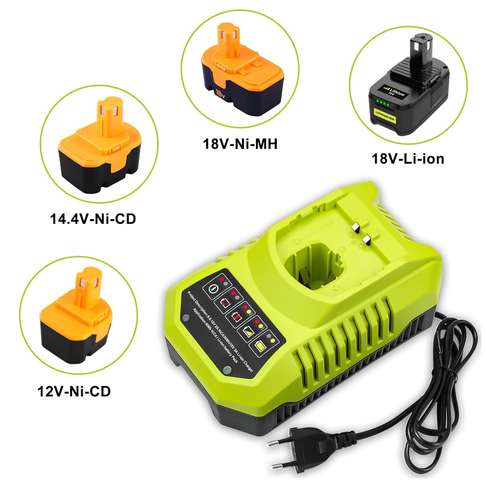 3A 9.6V-18V Remplacement Chargeur pour Ryobi 18V P108 P107 P104 P105 P102 P103 Outils Lithium-ION & NI-Mh Batterie