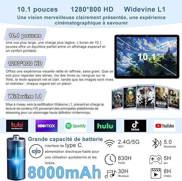 fezawio Tablette Android 15 Gemini AI 10,1 Pouces, 30Go RAM + 128Go ROM, processeur Octa-Core, 8000mAh, Wi-FI 6, Widevine L1, Prise Audio 3,5mm, GPS, avec Clavier, Souris et étui de Protection, Gris - 4