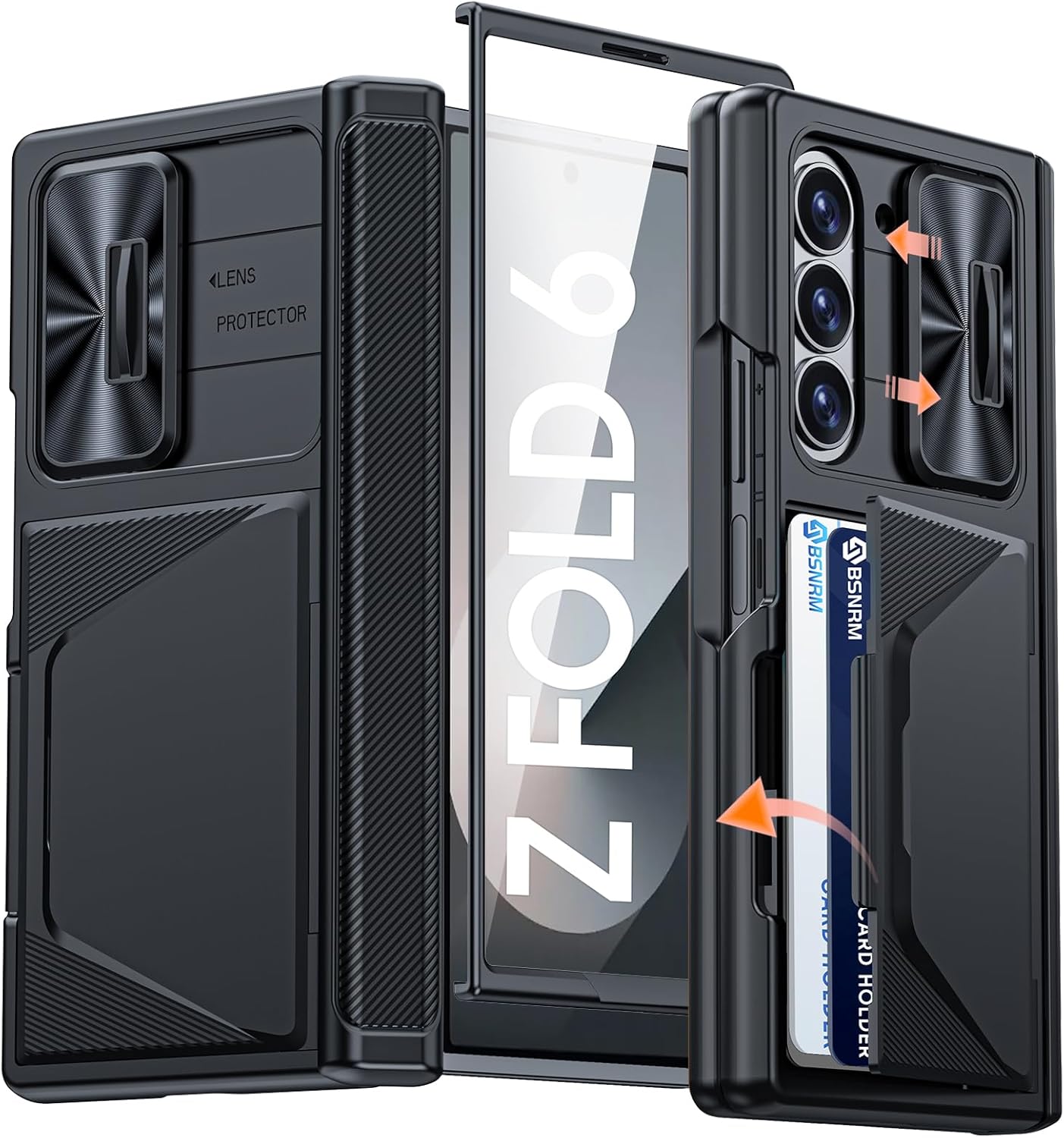 for Samsung Galaxy Z Fold 6 Case with Card Holder, Built in RFID Blocking & Slide Camera Cover & Hinge Protection & Full-Body Rugged Shockproof Wallet Case for Galaxy Z fold 6, Black