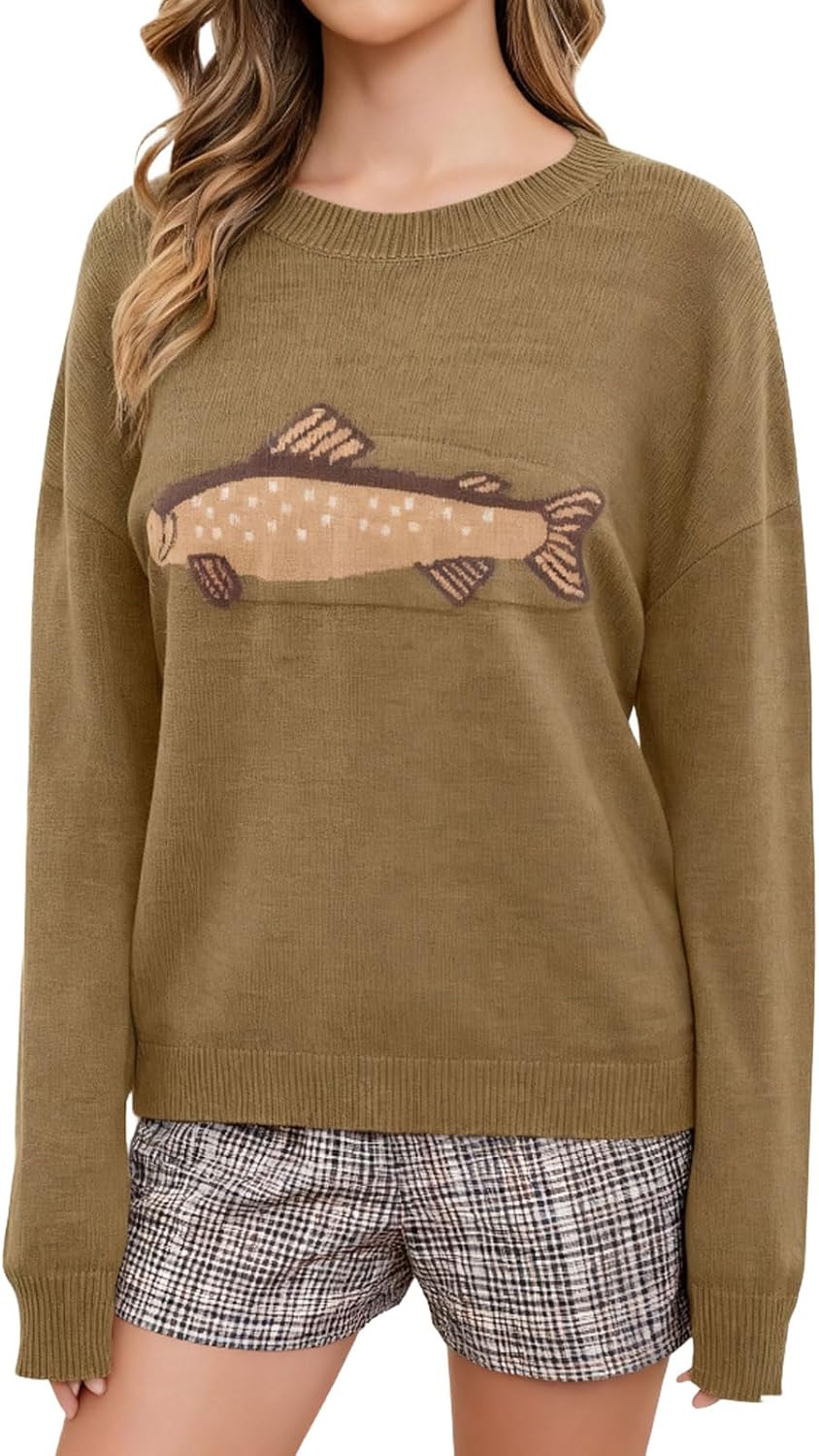 CHARTOU Women Fashion Crew Neck Rib Knit Crucian Carp Graphic Oversized Y2k Pullover Sweater Jumper