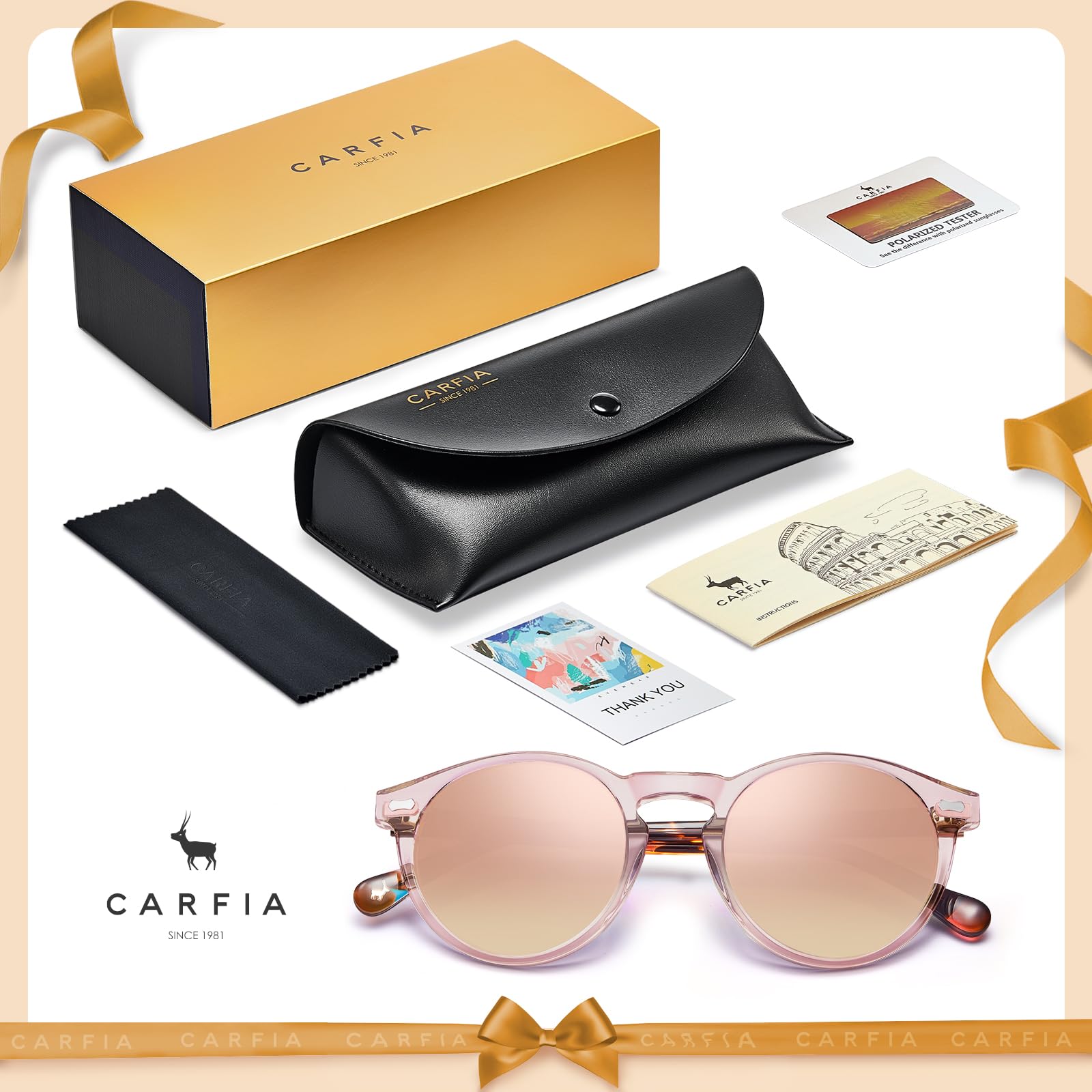 Carfia Retro Rotondi Occhiali da Sole da Donna Polarizzati UV400 CA5288C | Telaio Rosa Trasparente Lente Rosa, lenti HD antigraffio, blocca il 100% dei raggi UVA/UVB/UVC, Montatura in acetato