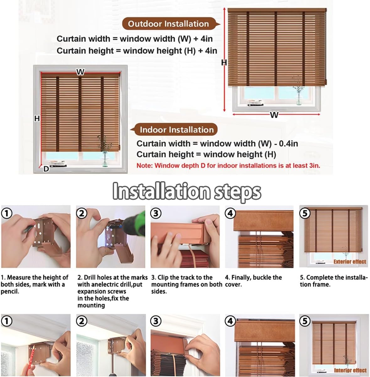 Faux Wood Blinds for Window, White Room Darkening Venetian Blind 34" 36" 38" 48" 50" 52" 54" 56" 58" 64" W Privacy Cordless Wooden Blinds for Bedroom Batenroom Shade, 2" Slat(Light Brown)