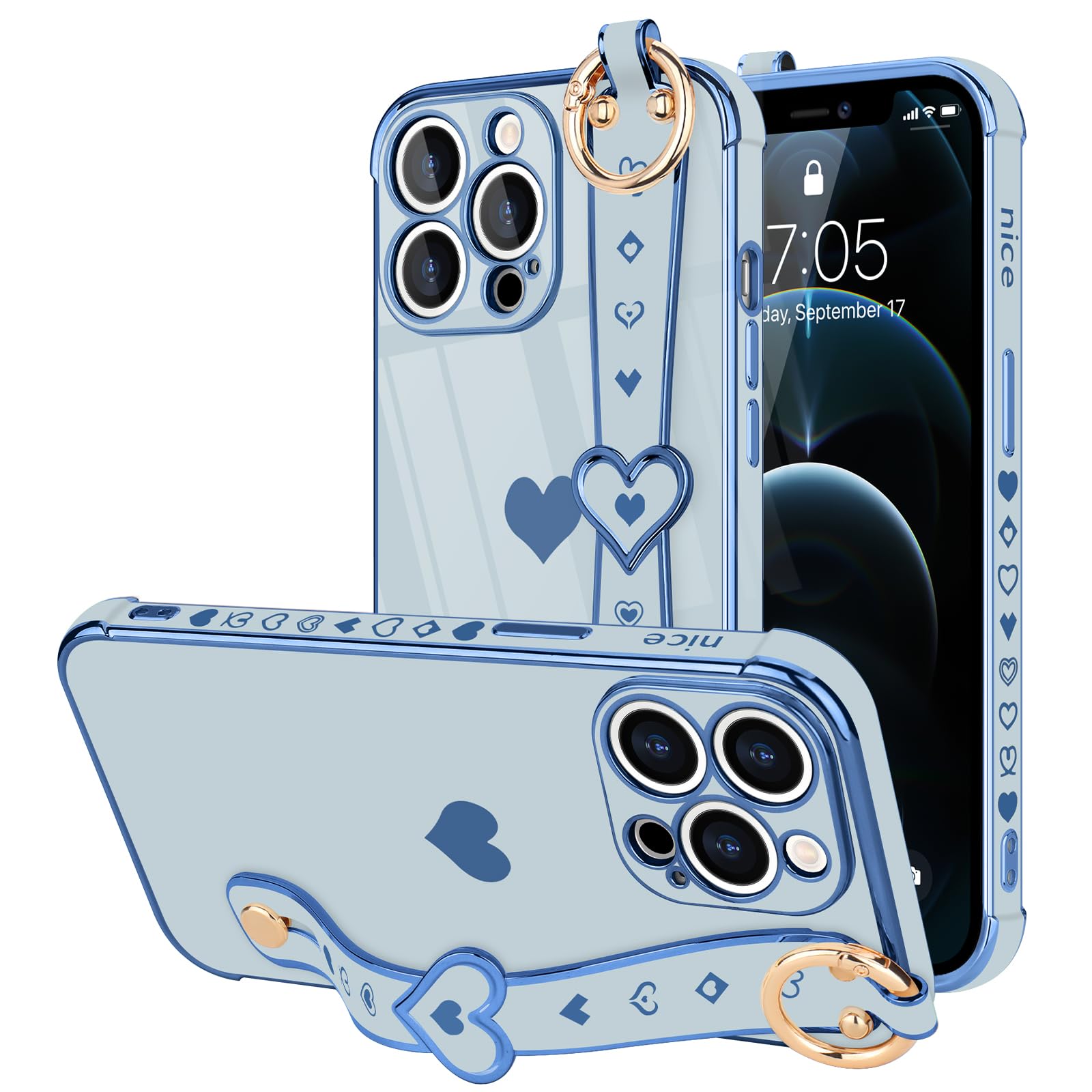 LLZ.COQUE for iPhone 12 Pro Case Cute Love-Heart Plating Strap Phone Cover for Women Girls Bling Soft Silicone Camera Lens Protection Bumper