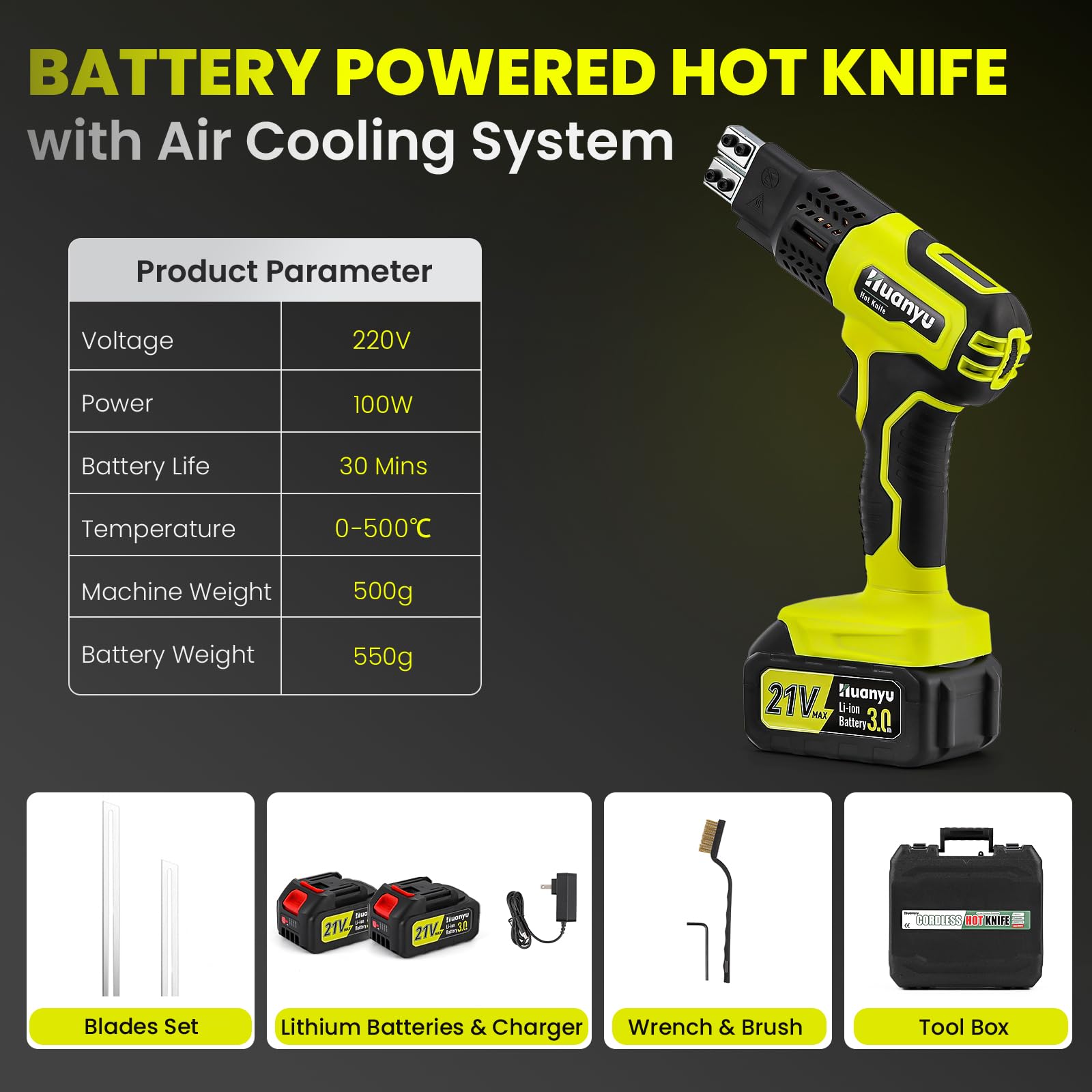 Huanyu Coltello a Caldo a Batteria con 2 Lame Terme 10cm + 15cm 100W Coltello Termico Elettrico con Display della Temperatura 500℃ Max (2 Lame)