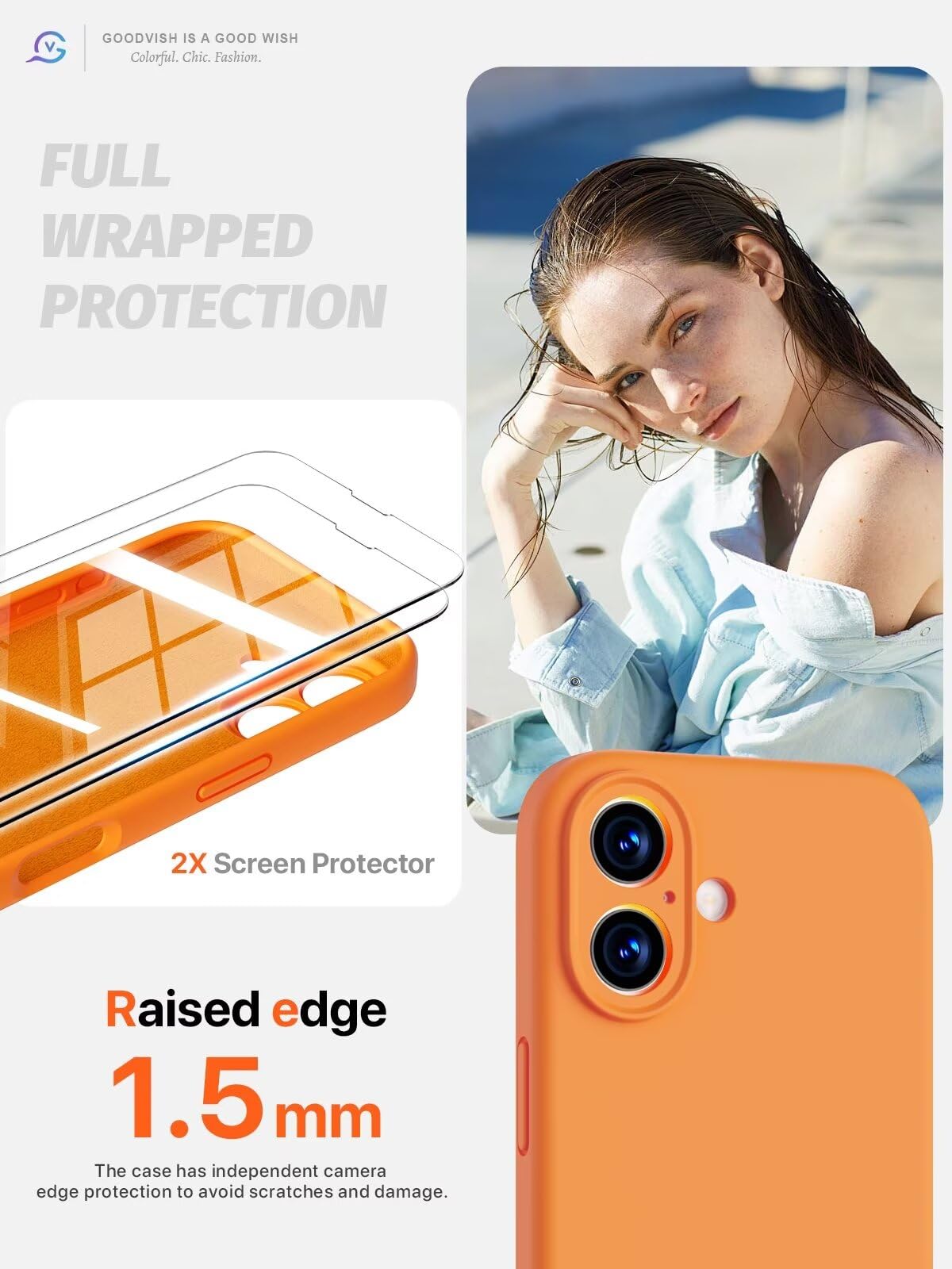 GOODVISH 3 in 1 Silicone Cover per iPhone 16 6.1", Custodia con 2 Pellicola Vetro Temperato [Protezione Fotocamera] 360° Protezione Anticaduta Case per Cellulare Antiurto Resistente, Arancia