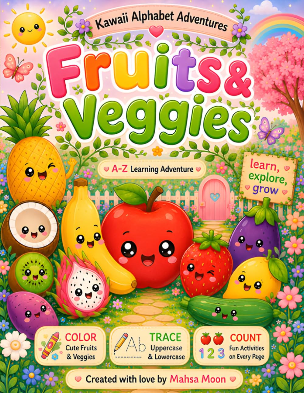 Kawaii Alphabet Adventures: Fruits & Veggies: Color, Trace, Count & Learn from A to Z