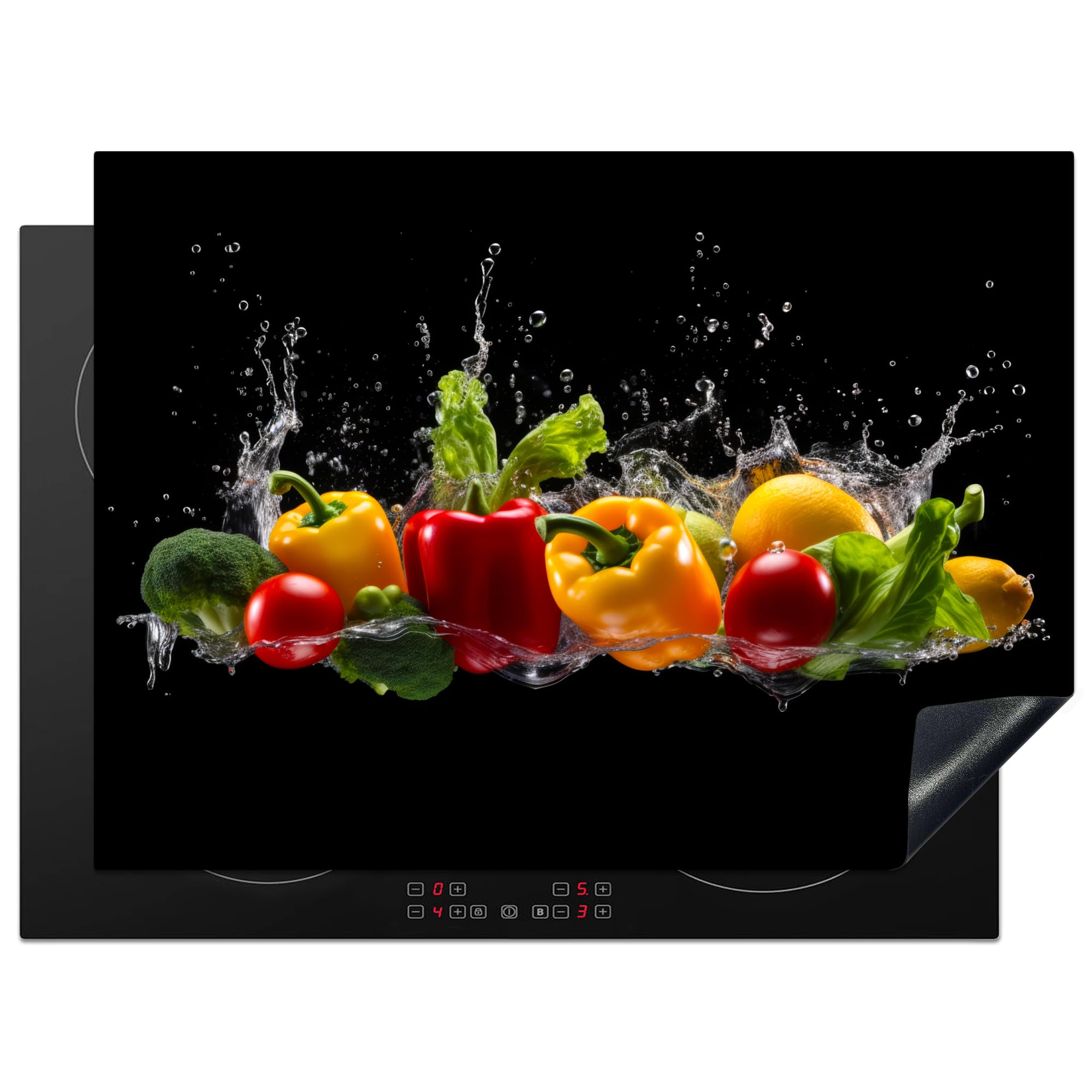 KitchenYeah© Induction Hob Protector Mat 20.5"x27.6" / 70x52 cm Cooker Top Protectors Cover Ceramic Covers Electric Hobs Vinyl Sweet Pepper - Water - Vegetable - Black