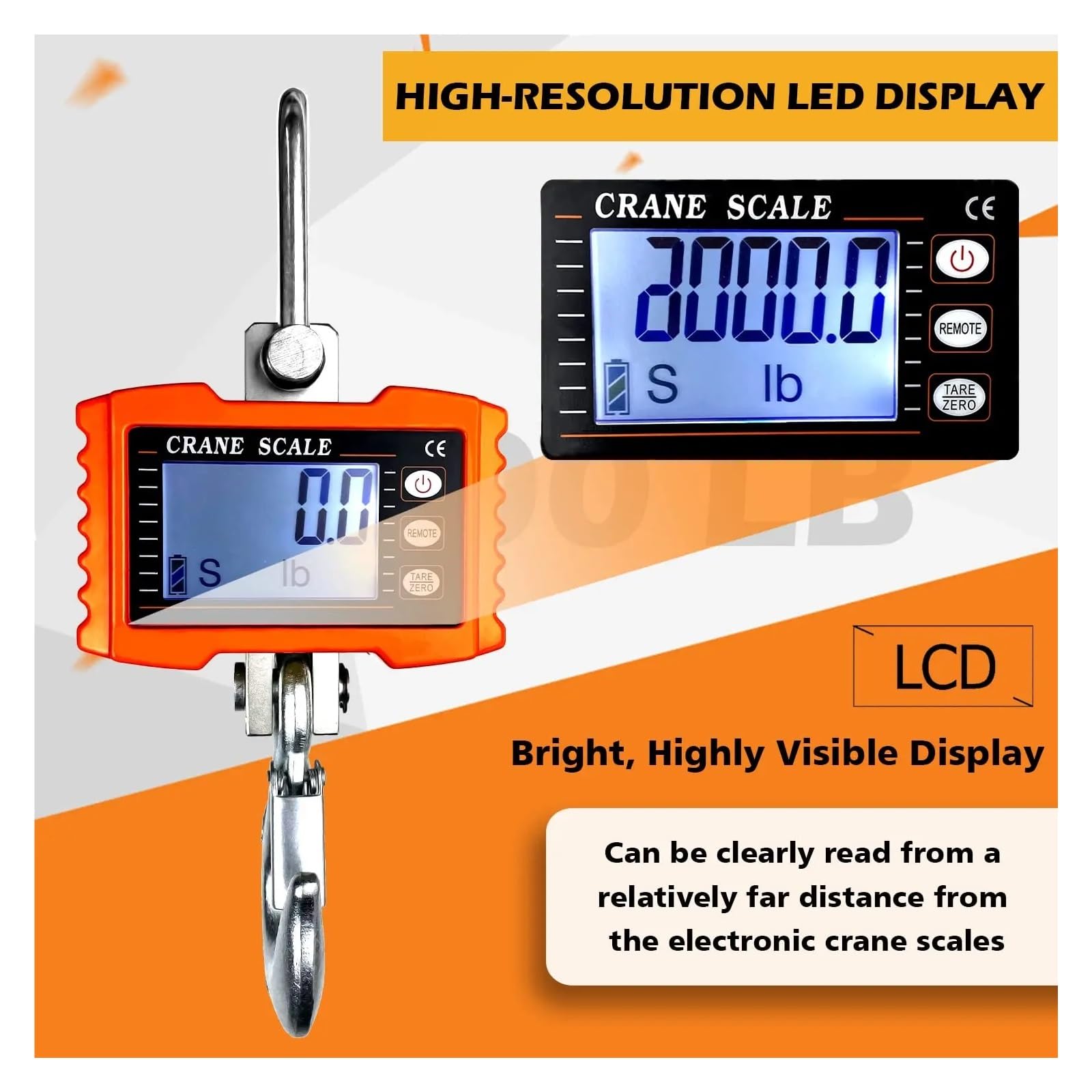 Bilancia digitale sospesa 1000 kg/2204 libbre for gru portatile for impieghi gravosi a gancio industriale con retroilluminazione LCD Cambio unità/Mantenimento dati(Orange)