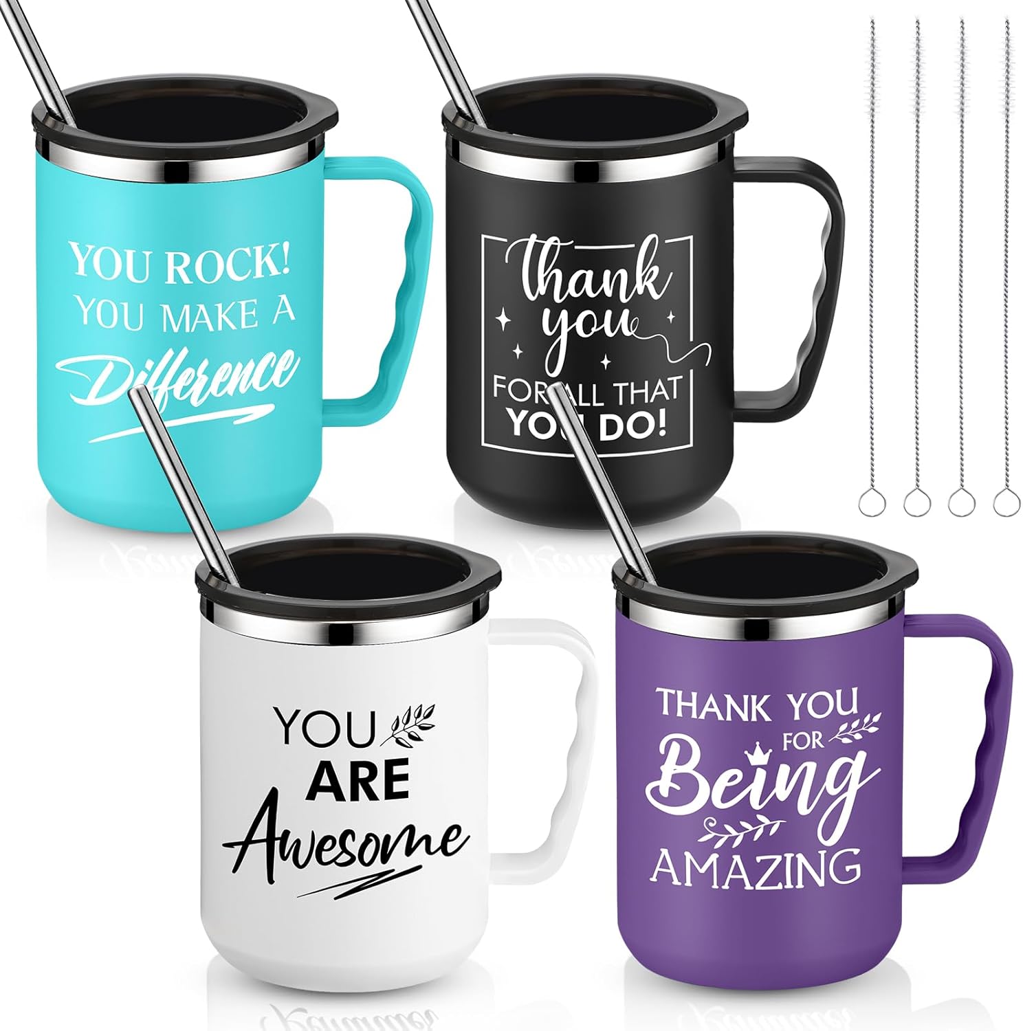 Sumind Employee Appreciation Gifts 17 oz Thank You Stainless Steel Coffee Mugs Gifts with Handle Lid Straw Social Worker Appreciation Gift for Coworker Staff(White, Black, Green, Purple,4 Pcs)