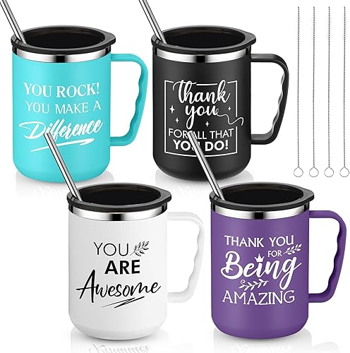 Sumind Regalos de agradecimiento de Navidad para empleados, tazas de café de acero inoxidable de 17 onzas con asa, tapa y popote para el personal de