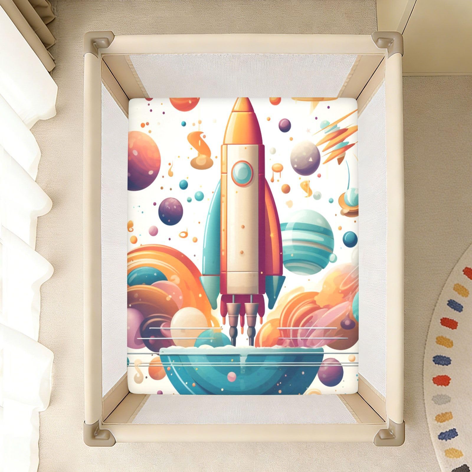 Dibujos Animados De Arte Cohete Lindas Estrellas Sábana de Cuna para Niños Pequeños,Sábanas de Algodón Suave para Bebés Aptas para Colchón Corralito
