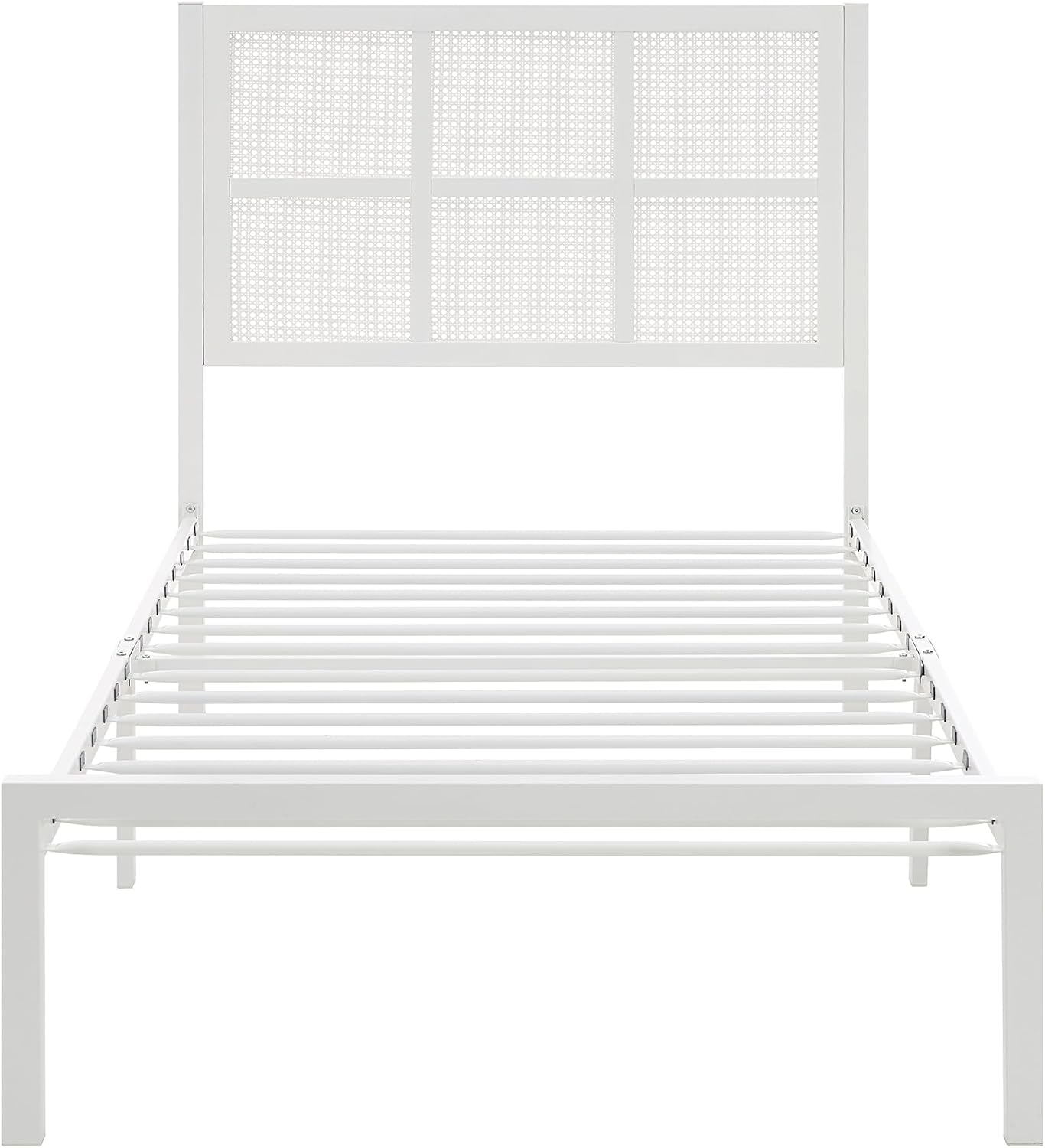 Lexicon Metal Bed Frame with Rattan Headboard, Platform Bed with Strong Metal Slat Support Under Bed Storage, Boho Faux Cane Bed, Mattress Foundation No Box Spring Needed, Twin Bed, White