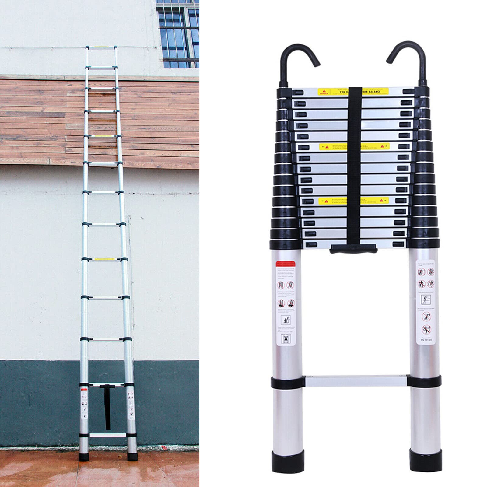 Escalera telescópica extensible de 5 m, acero inoxidable, 12 peldaños, capacidad de carga de 150 kg, EN131