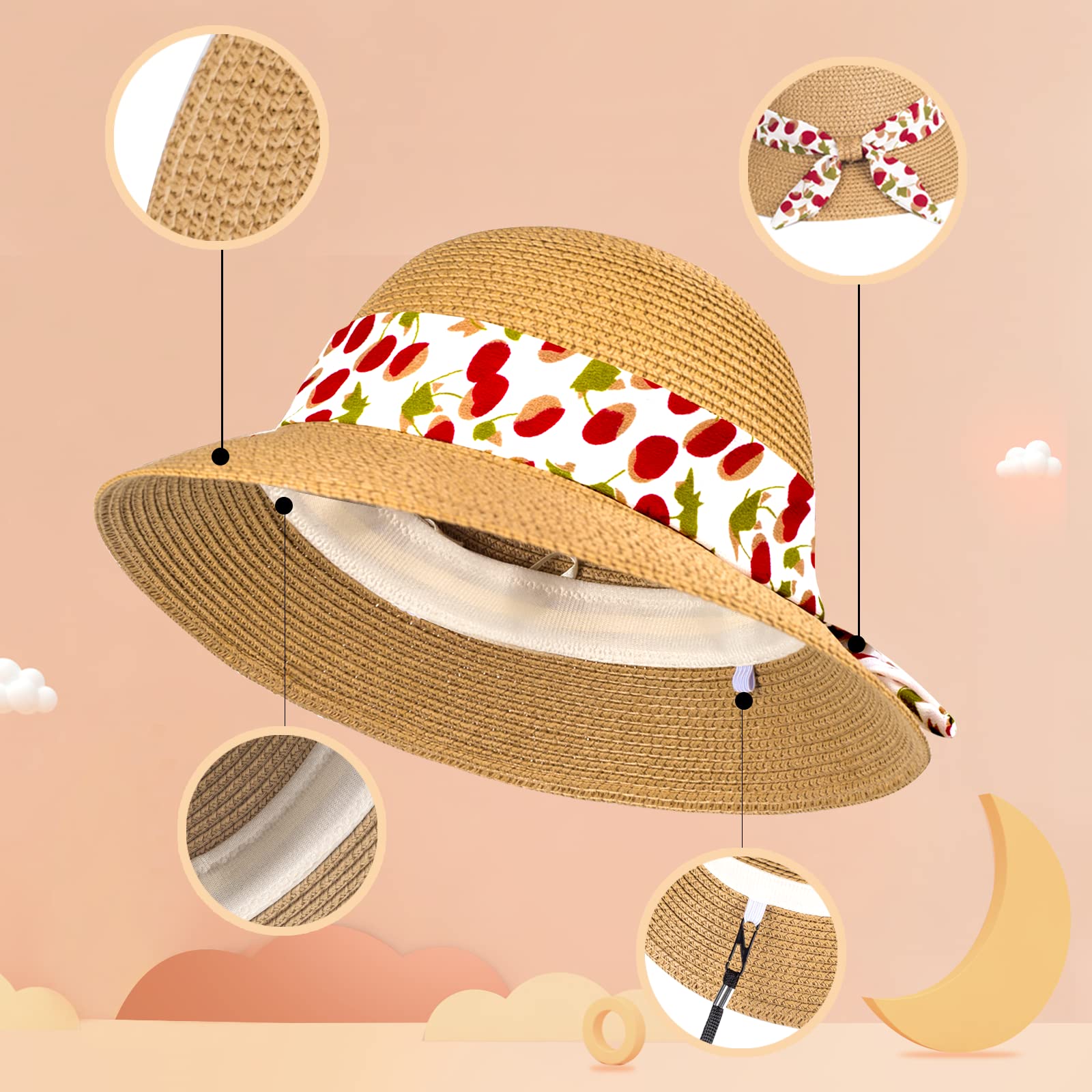 Cappello di paglia da sole per bambine, estivo, da spiaggia, ripiegabile, misura regolabile, con sottogola, per 5-10 anni